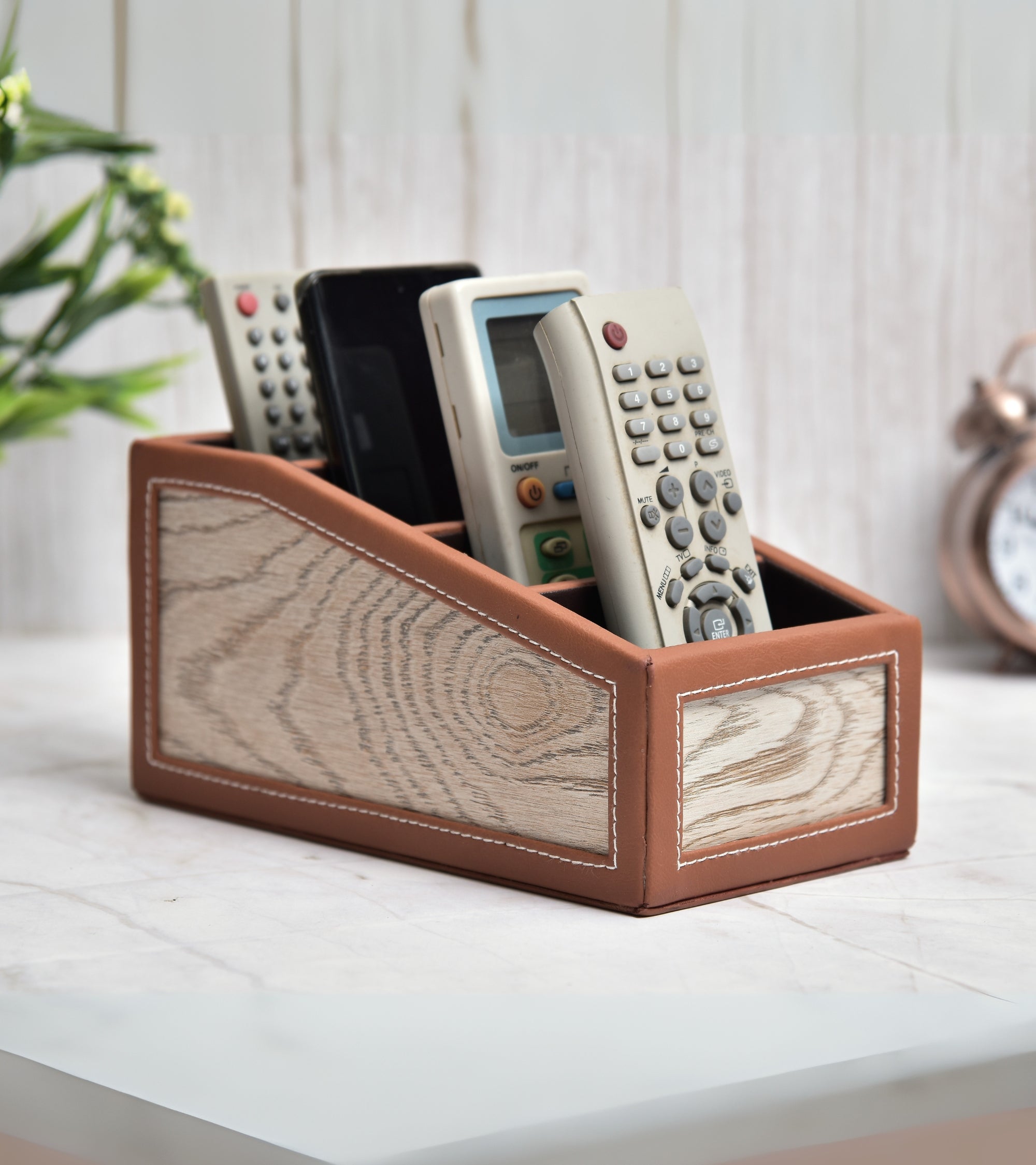 Premsons® Classic Remote Holder – 4 Section Tabletop Organizer in Light Brown | Faux Leather with Refined Wooden Finish | Decorative & Practical Organizer