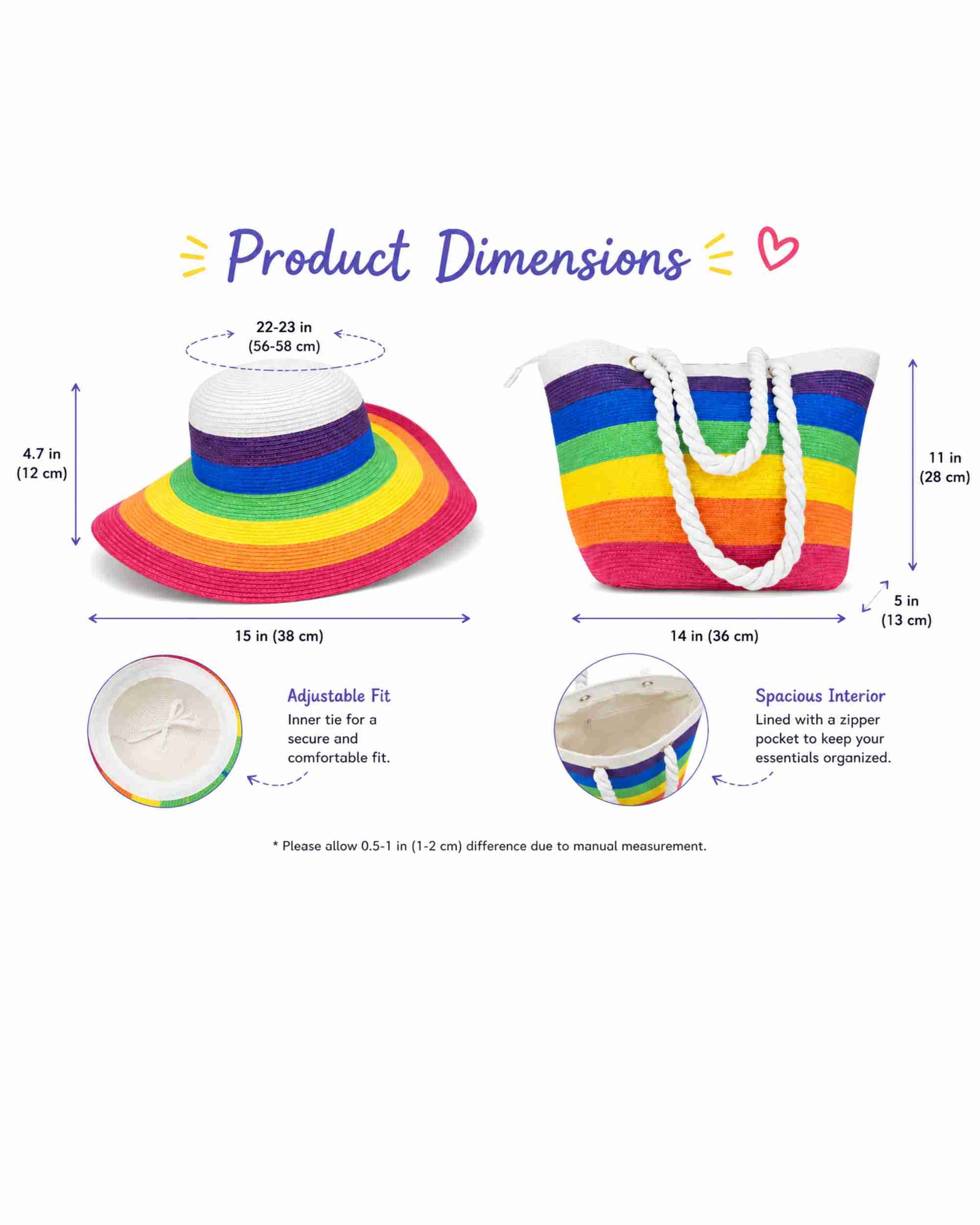 Premsons® Women's Rainbow Sun Hat & Beach Tote Combo | Wide Brim Straw Hat with Matching Shoulder Bag | Summer Vacation, Travel & Beach Essentials