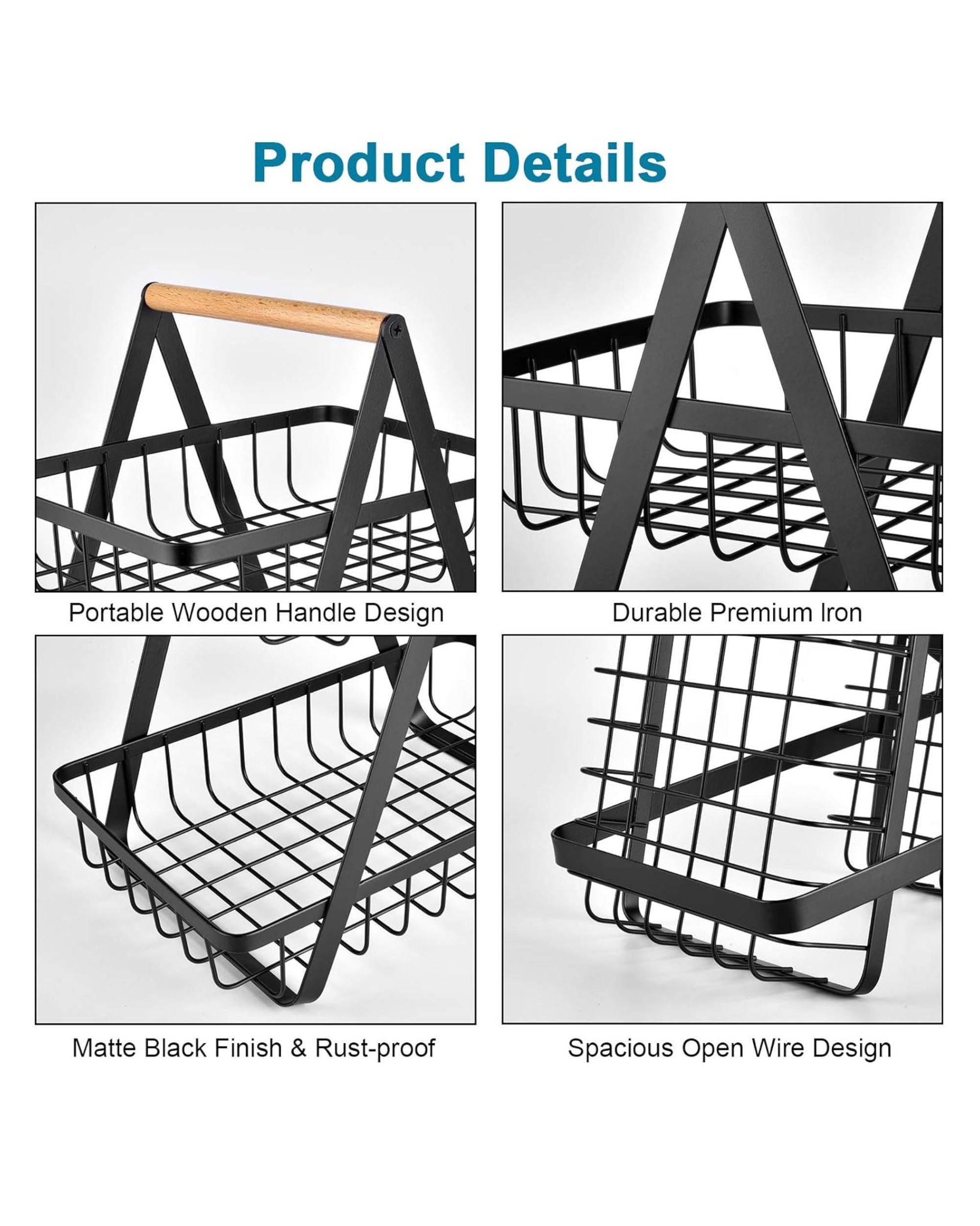 2-tier fruit storage stand detail: matte black wire baskets, wooden handle, iron frame