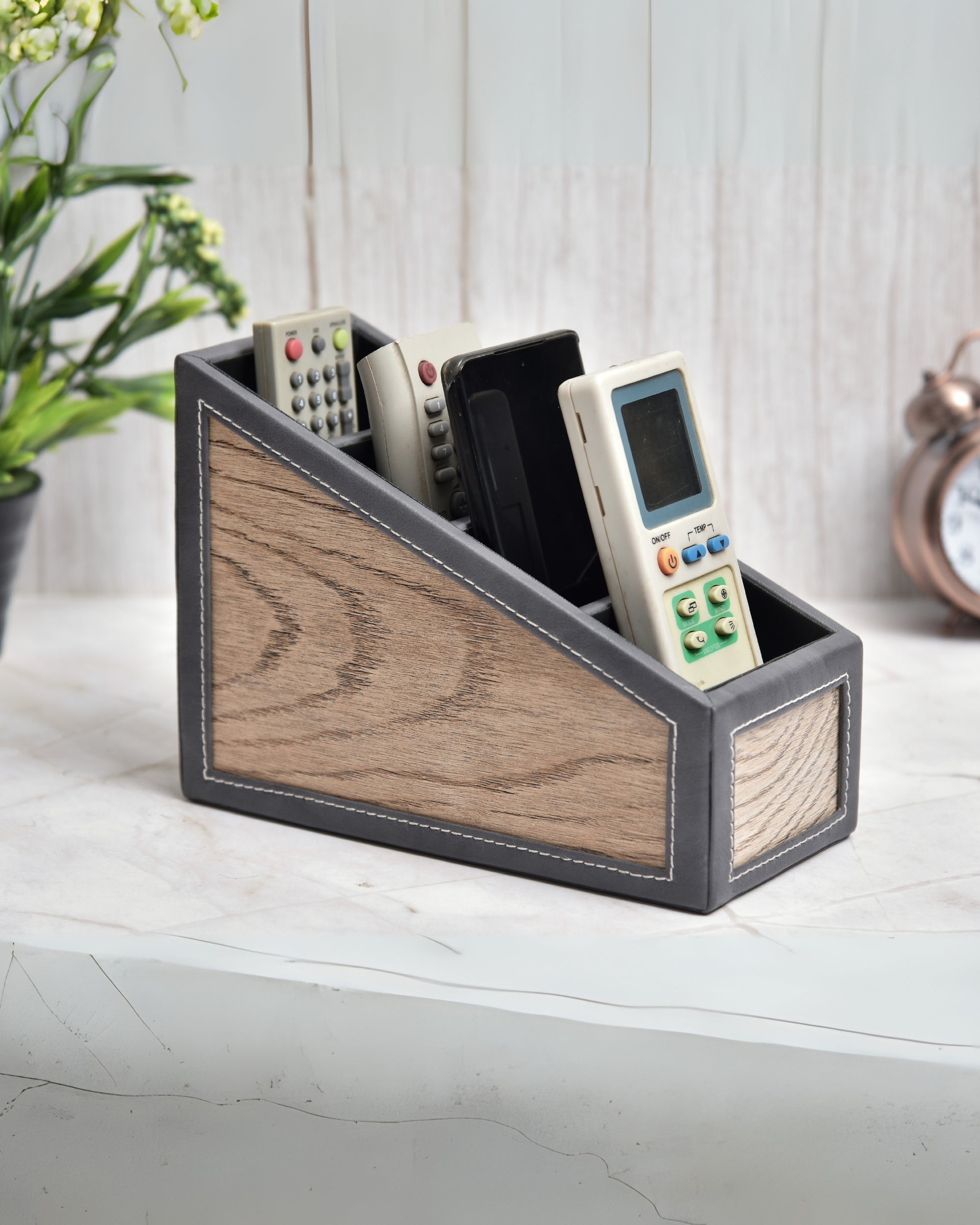 Premsons® Remote Holder Artificial Leather with Wooden Finish – 4 Section Tabletop Organizer for TV, AC & Office Desk Accessories – Compact & Stylish Storage Solution for Home & Office