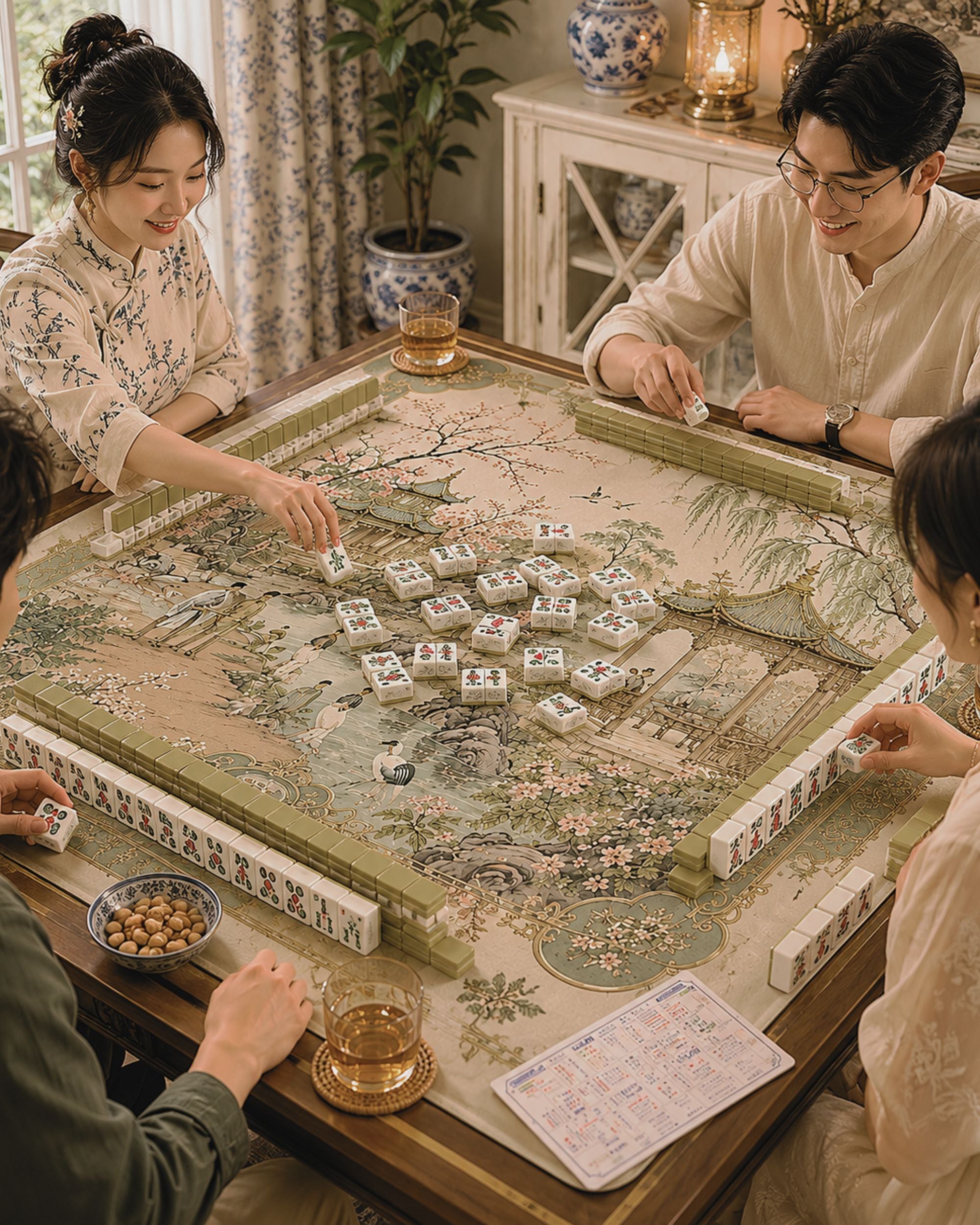 Premsons® Vintage Oriental Garden Mahjong Mat – Luxury Non-Slip Foldable Mahjong Table Cover with Pagoda & Cherry Blossom Design