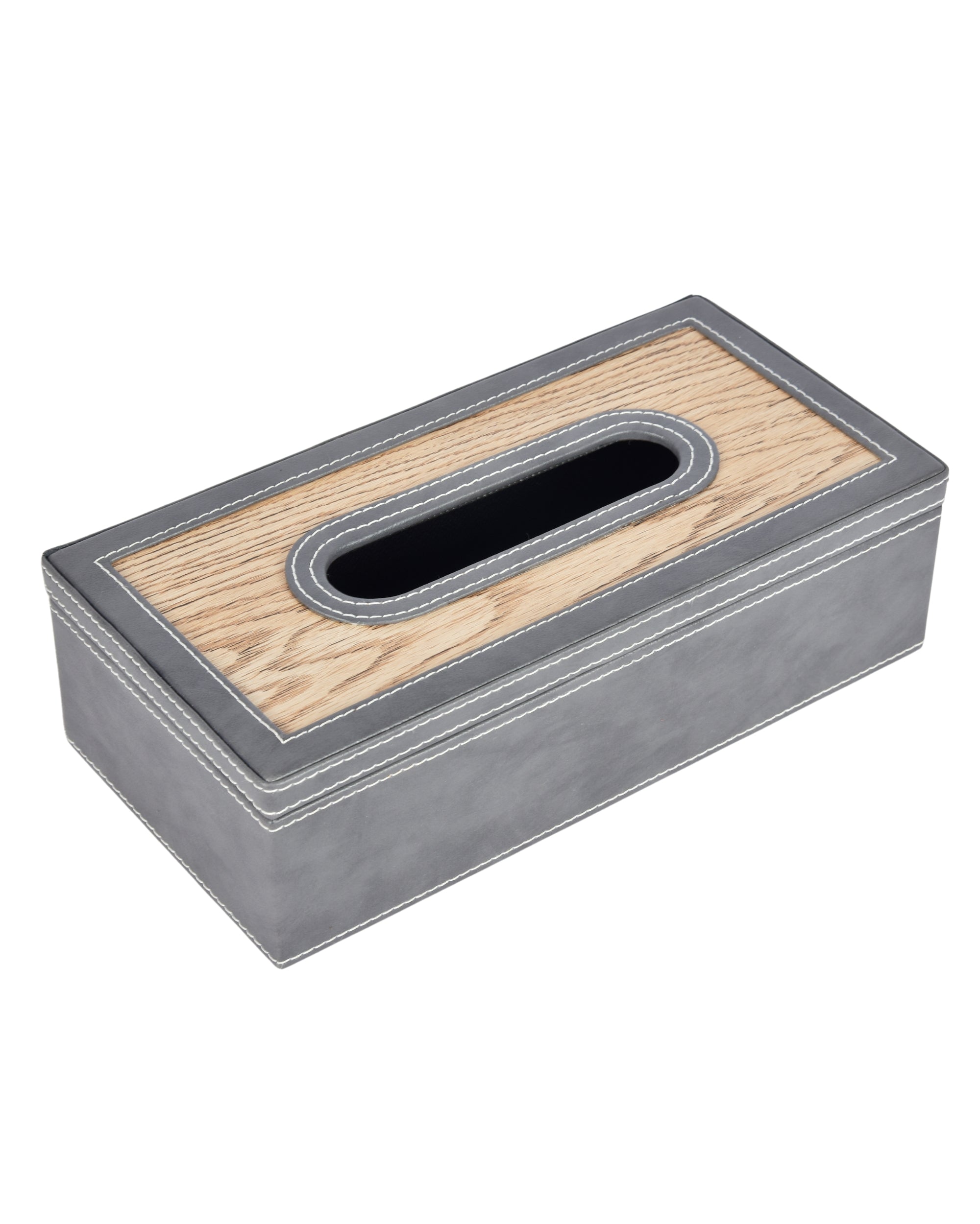 Premsons® Classic Rectangular Tissue Holder – Elegant Leatherette Tissue Box with Wooden Top Finish for Home, Office & Car – Stylish, Durable & Functional Tissue Dispenser for Everyday Use(Grey)