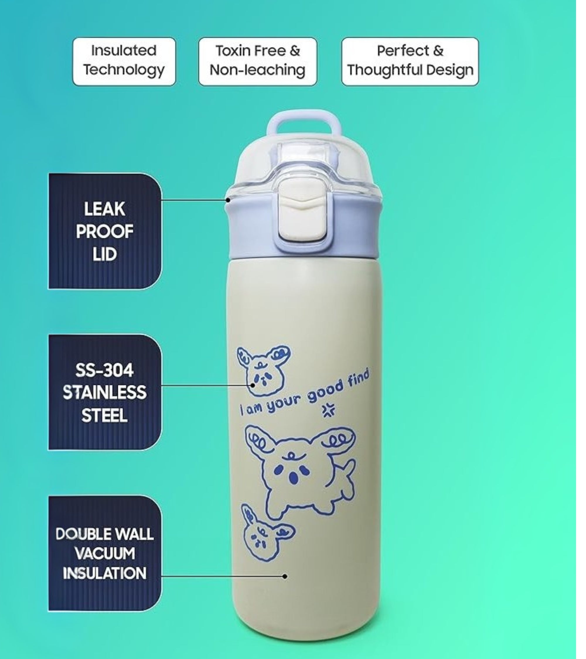 Premsons® 450ml Cute Cartoon Stainless Steel Water Bottle for Kids | BPA-Free, Leakproof & Durable | Flip-Top Lid with Safety Lock | Insulated & Travel-Friendly – Blue & Beige