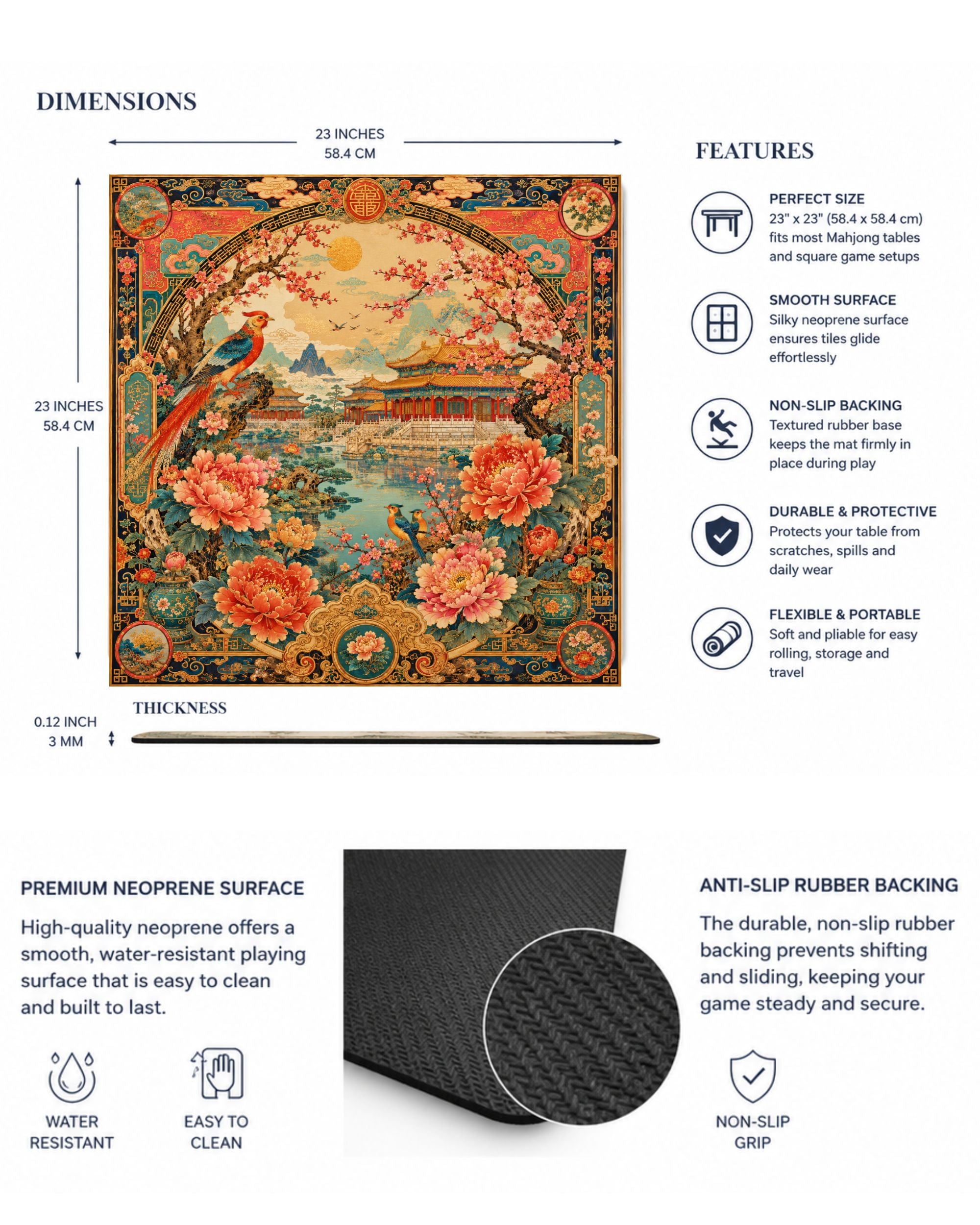 Premsons® Imperial Blossom Mahjong Mat – Luxury Oriental Mahjong Table Cover with Palace Garden, Peonies, Phoenix Bird & Cherry Blossom Artwork, Foldable Non-Slip Playing Mat for Game Night & Travel