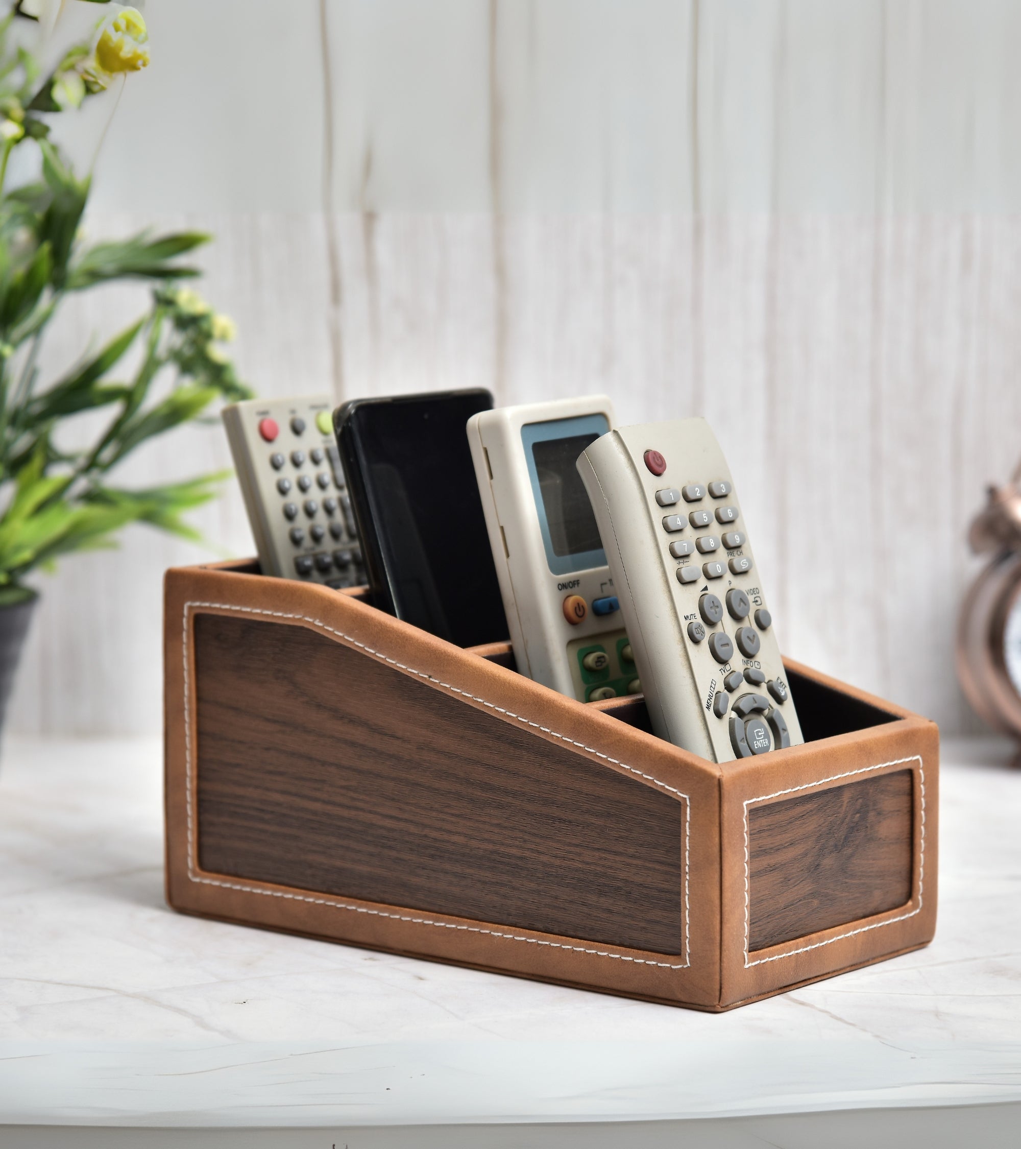 Premsons® Classic Remote Holder – 4 Section Tabletop Organizer in Light Brown | Faux Leather with Refined Wooden Finish | Decorative & Practical Organizer