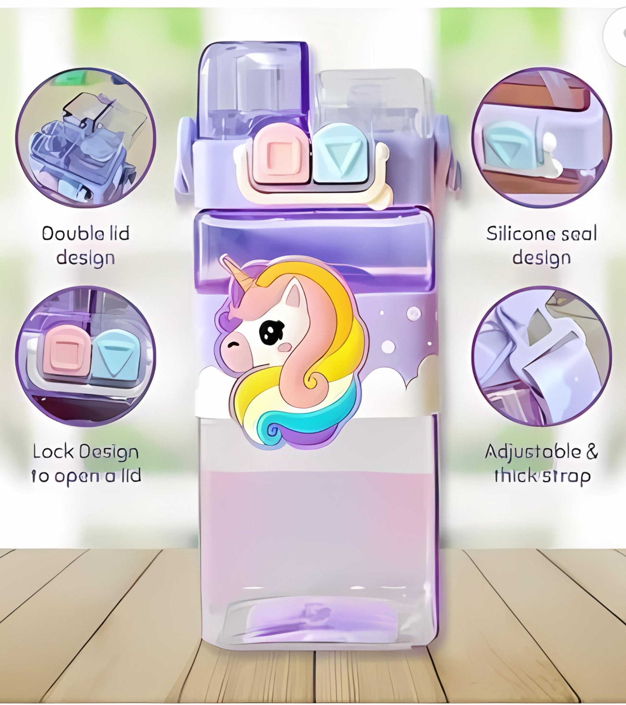 Premsons® Cute Unicorn Dual-Chamber Water Bottle for Kids – BPA-Free, Leakproof, 2-in-1 Hydration Bottle with Straw – 520ml (Purple)