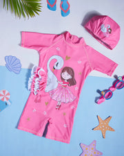 Premsons® Children's One-Piece Swimwear – Half Sleeve & Shorts Length Swimming Costume with Matching Cap - Swan Lake