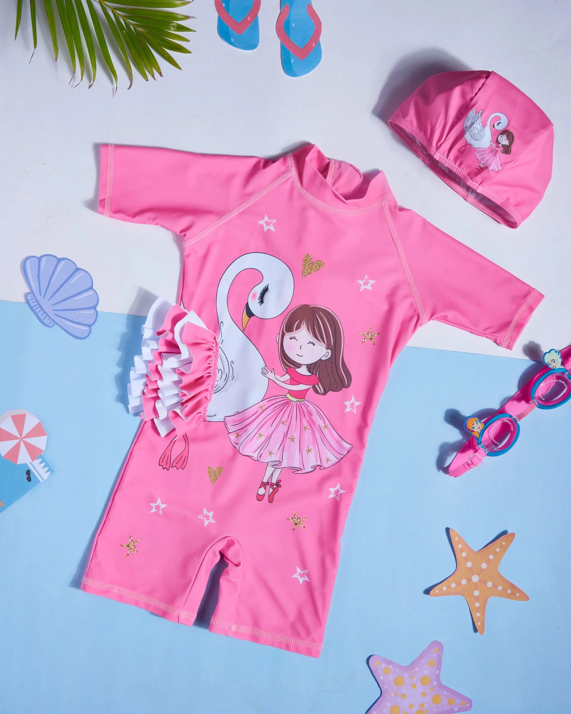 Premsons® Children's One-Piece Swimwear – Half Sleeve & Shorts Length Swimming Costume with Matching Cap - Swan Lake
