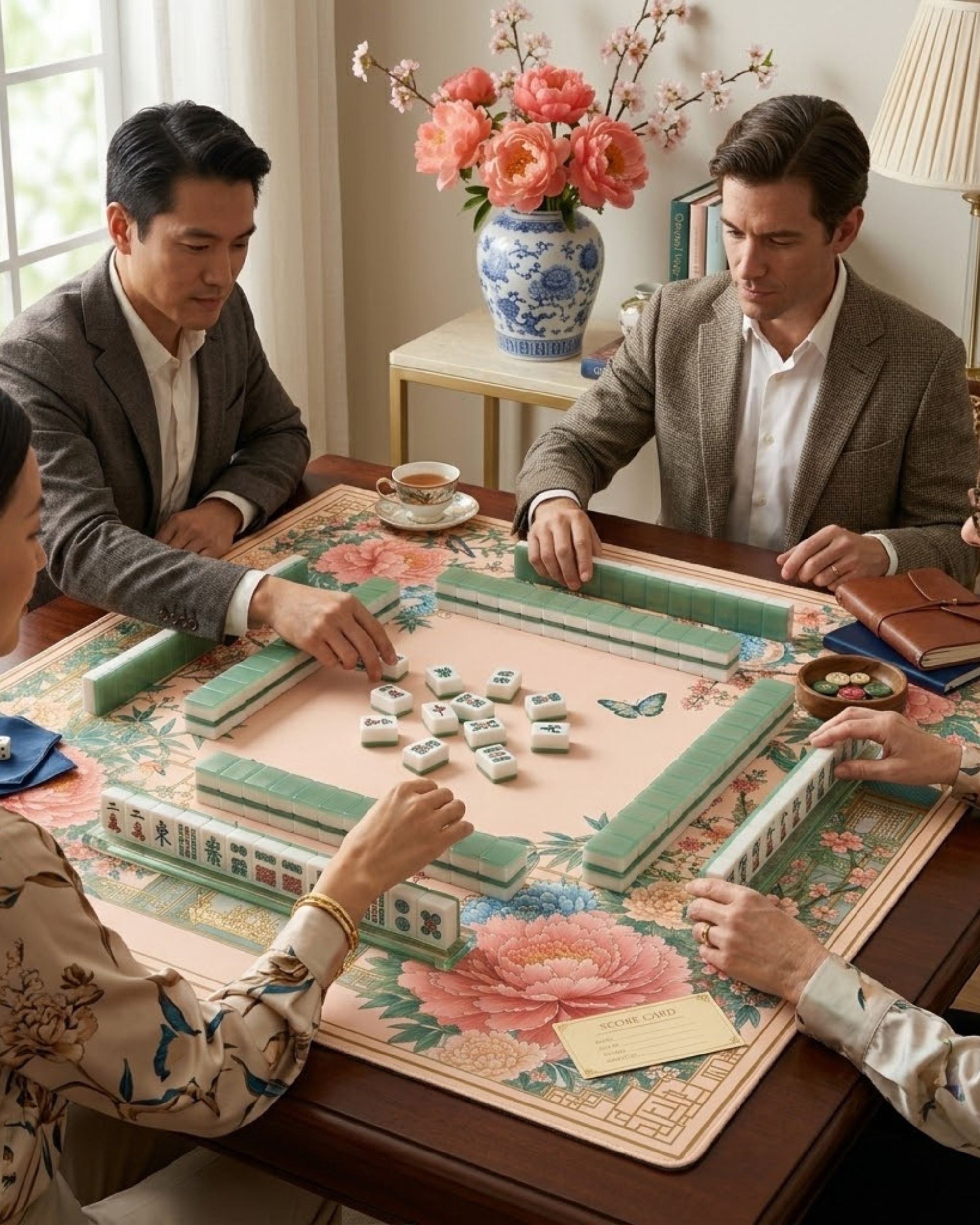 Premsons® Vintage Floral Mahjong Mat – Luxury Padded Mahjong Table Cover with Peony & Bird Design, Foldable Non-Slip Mahjong Playing Mat for Family Game Night & Travel