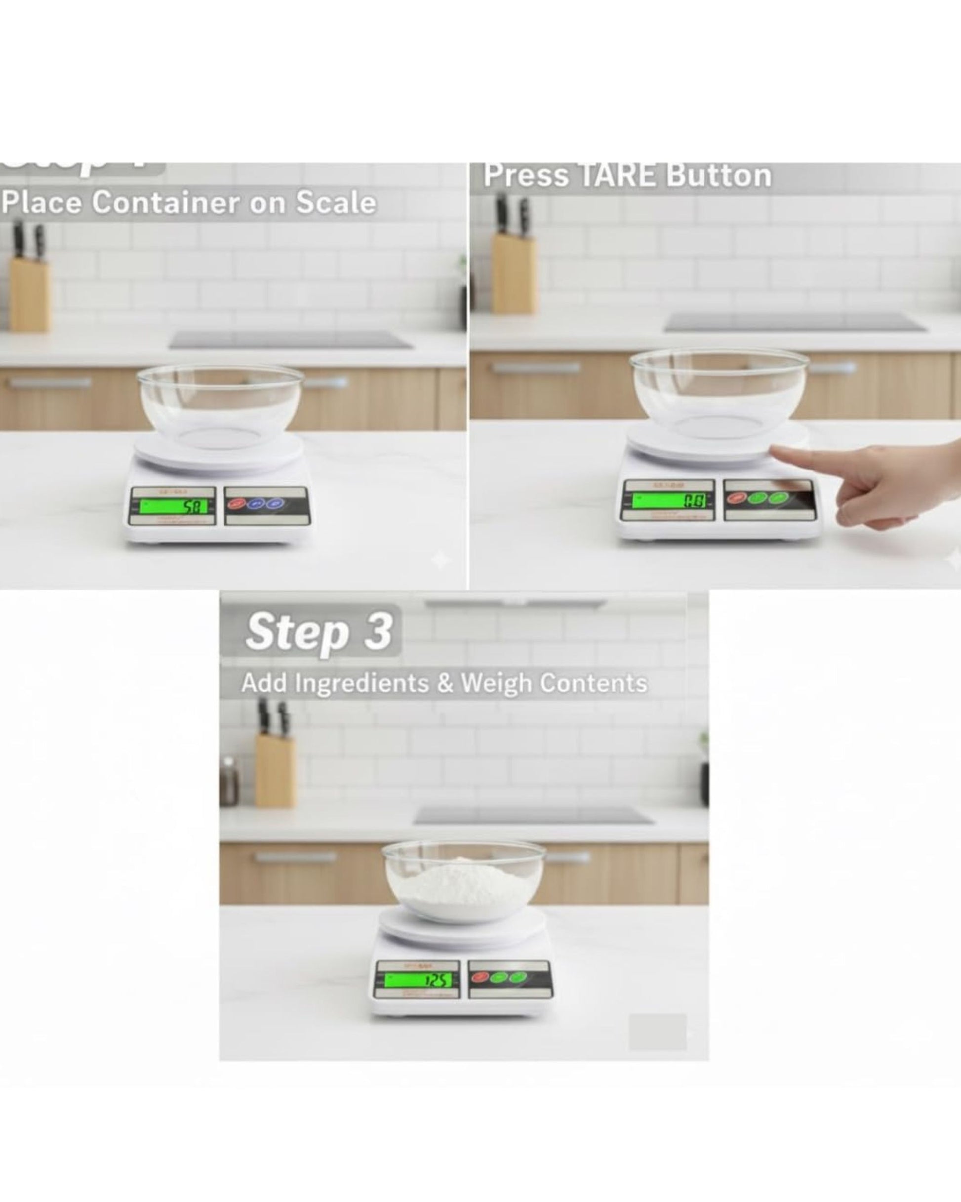Digital kitchen scale sequence showing tare button and ingredient weighing on LCD