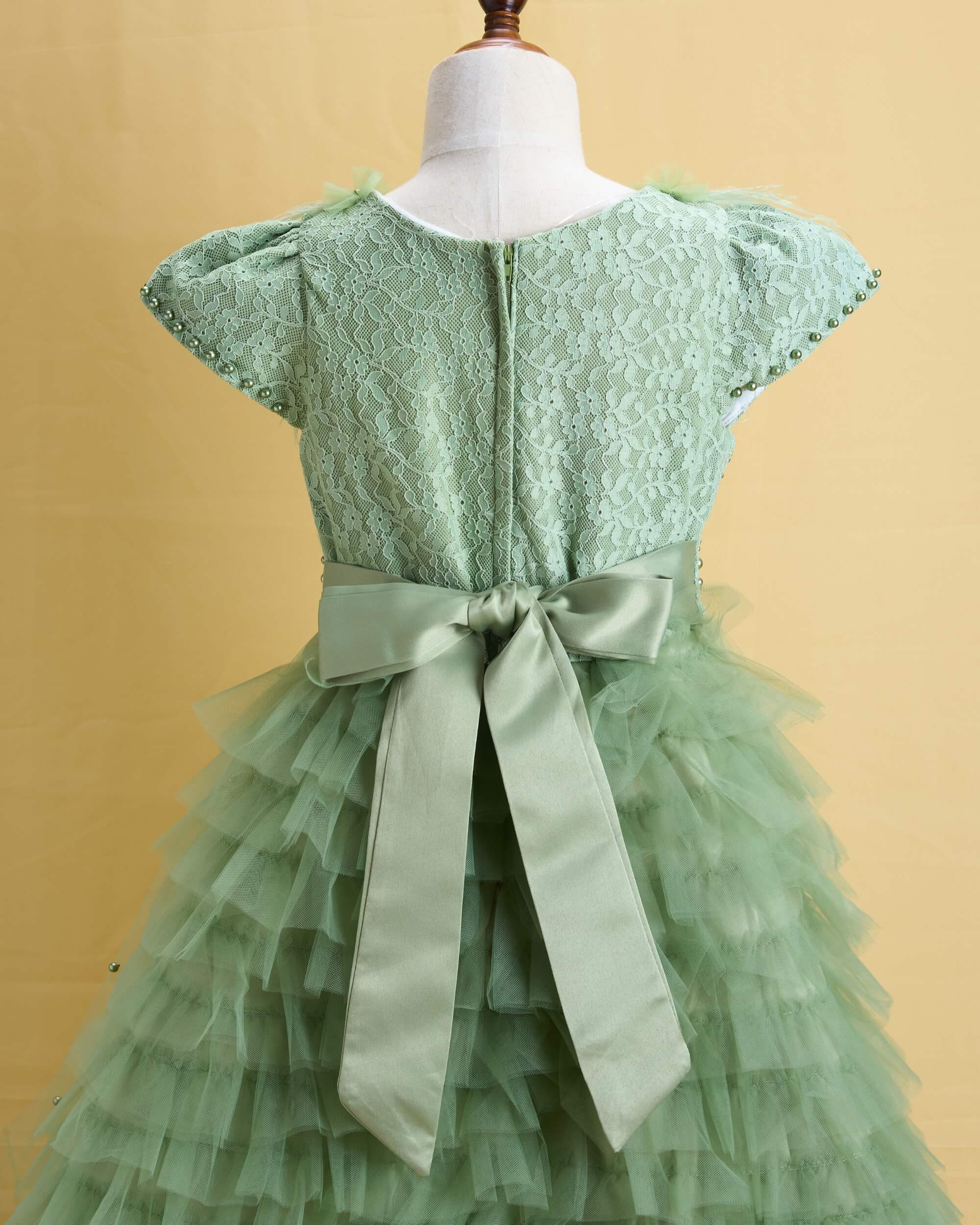 Premsons® Party Dress for Girls – Elegant Green Embellished Gown with Sequined Bodice, Soft Tulle Layers & Feather Detailing – Perfect for Birthdays, Weddings & Special Occasions