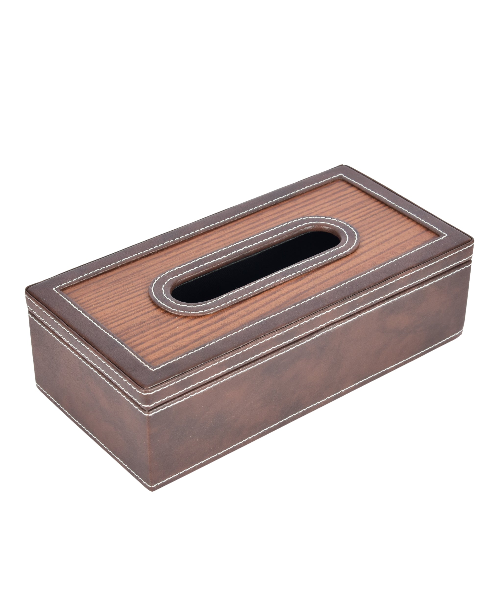 Premsons® Classic Rectangular Tissue Holder – Elegant Leatherette Tissue Box with Wooden Top Finish for Home, Office & Car – Stylish, Durable & Functional Tissue Dispenser for Everyday Use(Dark Brown)