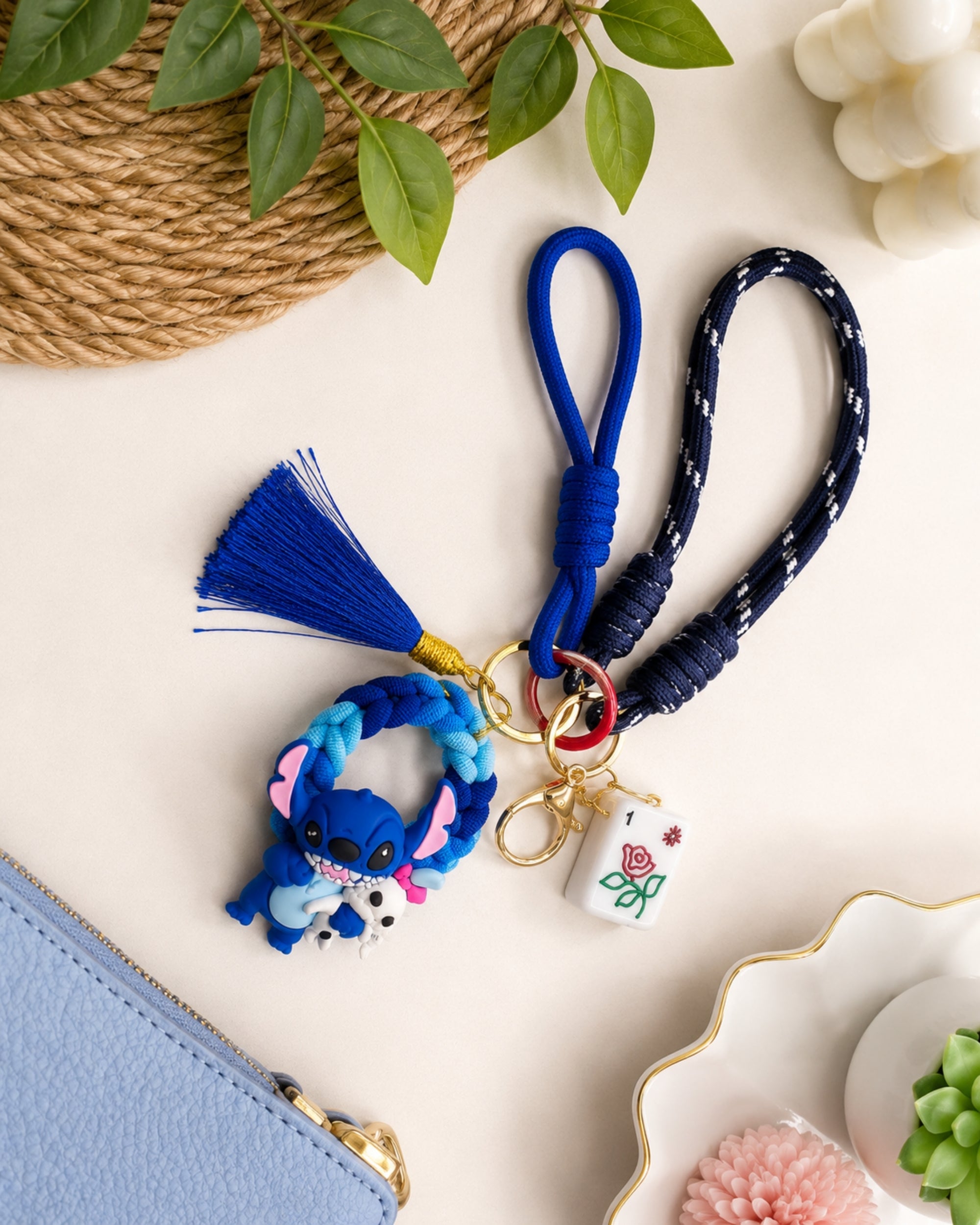 Premsons® Mahjong Stitch Keychain – Cute Decorative Key Ring with Braided Strap & Mahjong Tile Charm