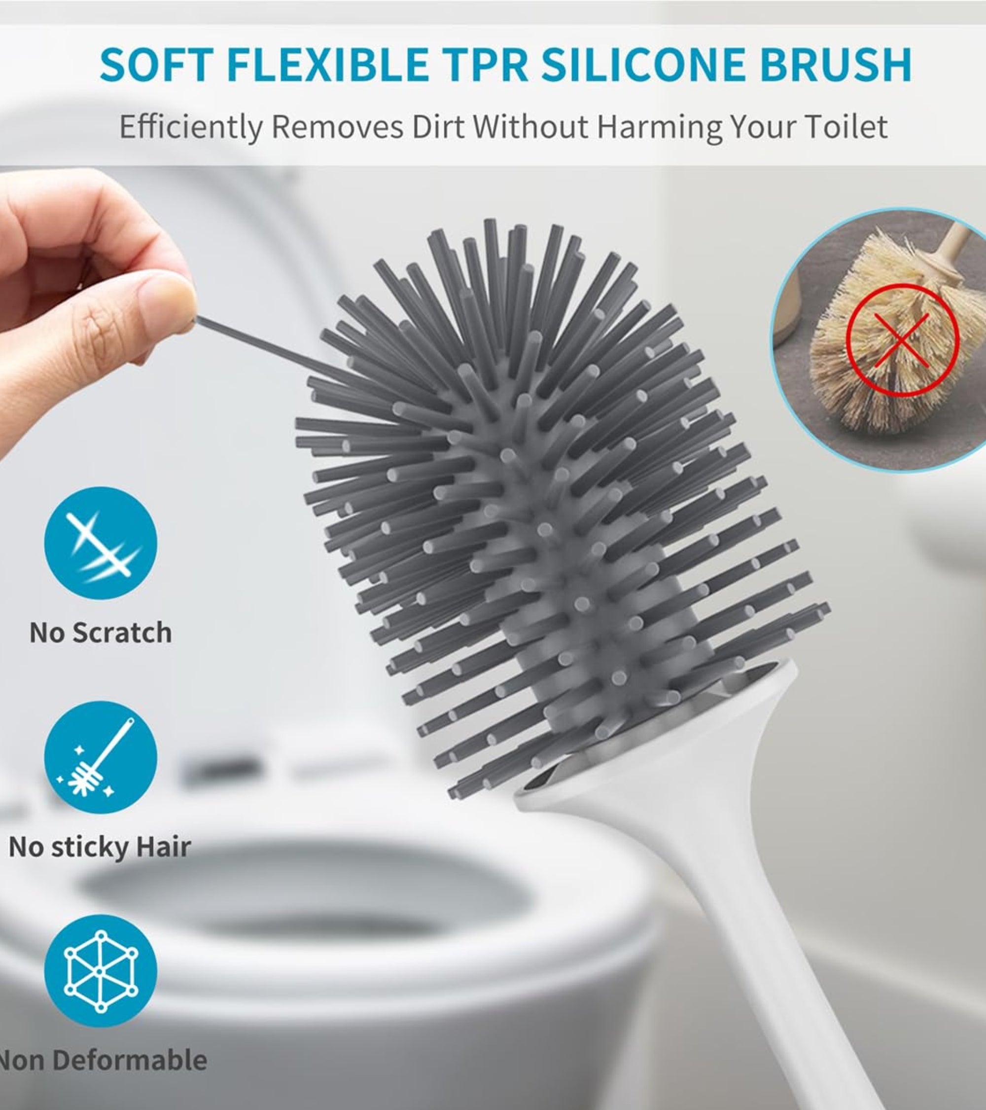 Premsons® Silicone Toilet Brush with Holder – Flexible Bristles for Deep Cleaning, Non-Scratch & Quick Dry Bathroom Cleaning Tool (White/Grey)