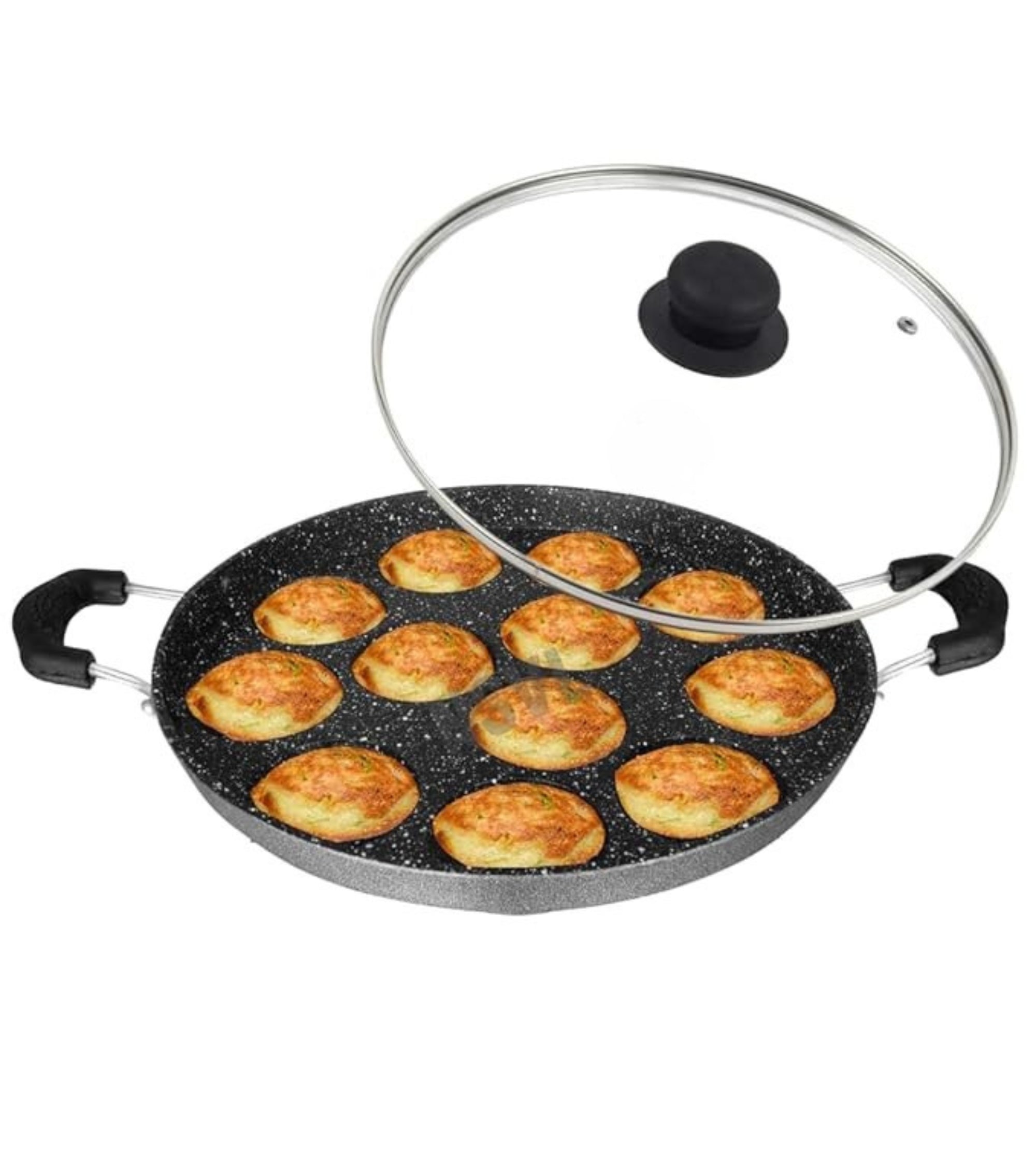 Premsons® Heavy-Base Non-Stick 12 Cavity Appam Patra with Glass Lid | Appam Maker | Appe Pan | Litti Maker | Non-Stick Appam Stand for Gas Stove Cooking