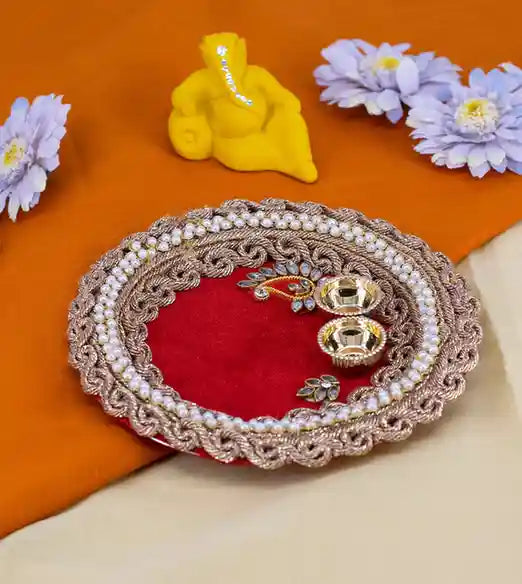 Premsons® Red Velvet & Gota Pooja Thali – Vibrant Festive Decor