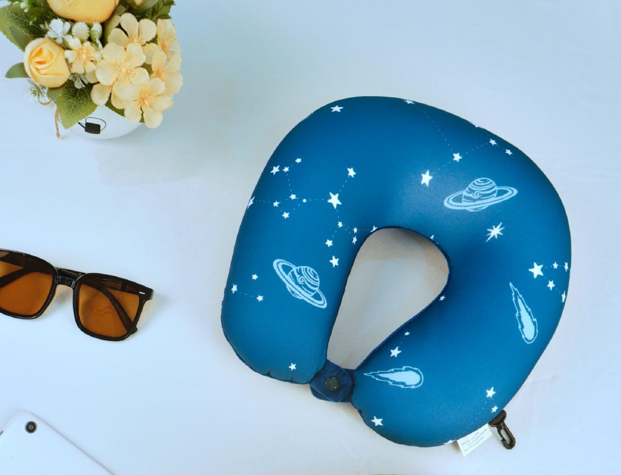 Cushy® Travel Neck Pillow with 360-Degree Head Support - Micro Beads Luxury Soft Pillow for Sleeping Rest - Home Travel Airplane Car - Printed, Electric Blue