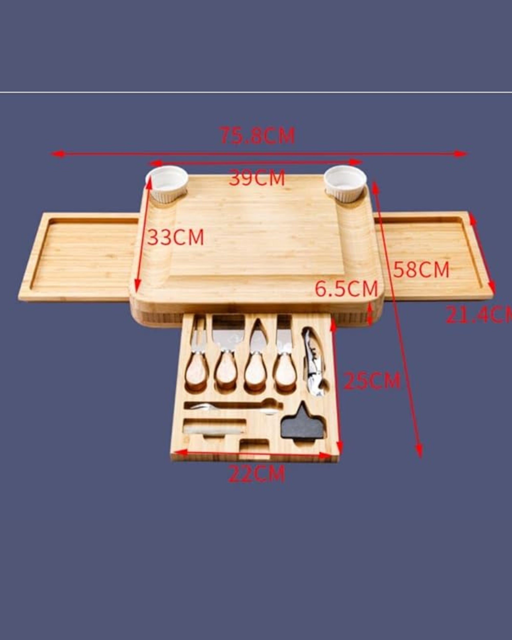 Premsons® Bamboo Cheese Board & Knife Set - 4 Knives + 4 Forks + Ceramic Bowl Set - Charcoal Slate Chalk Marker Cutlery Three Slide Out Drawer - Ideal for Home Dinner Special Occasions