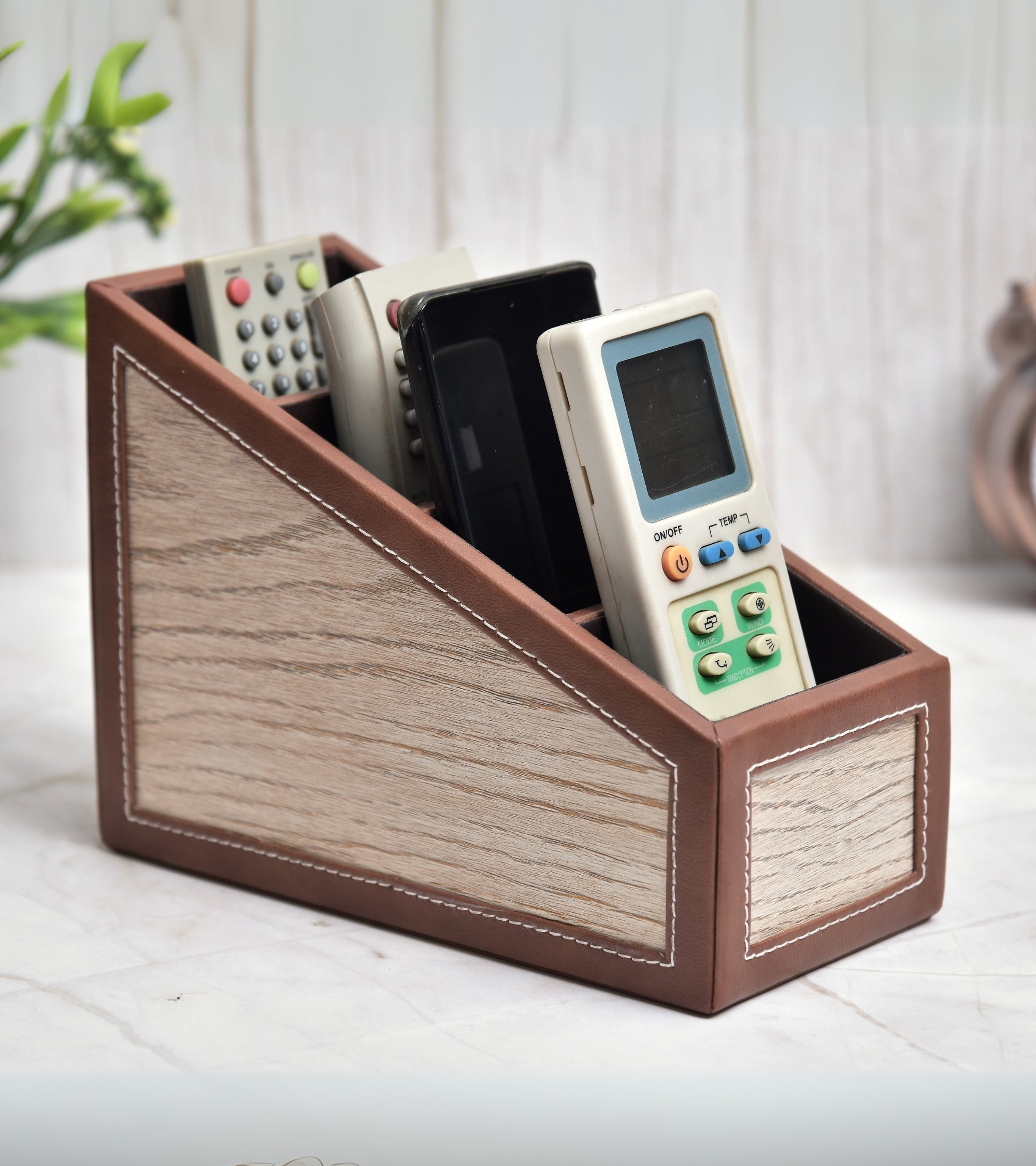 Premsons® Remote Holder Artificial Leather with Wooden Finish – 4 Section Tabletop Organizer for TV, AC & Office Desk Accessories – Compact & Stylish Storage Solution for Home & Office
