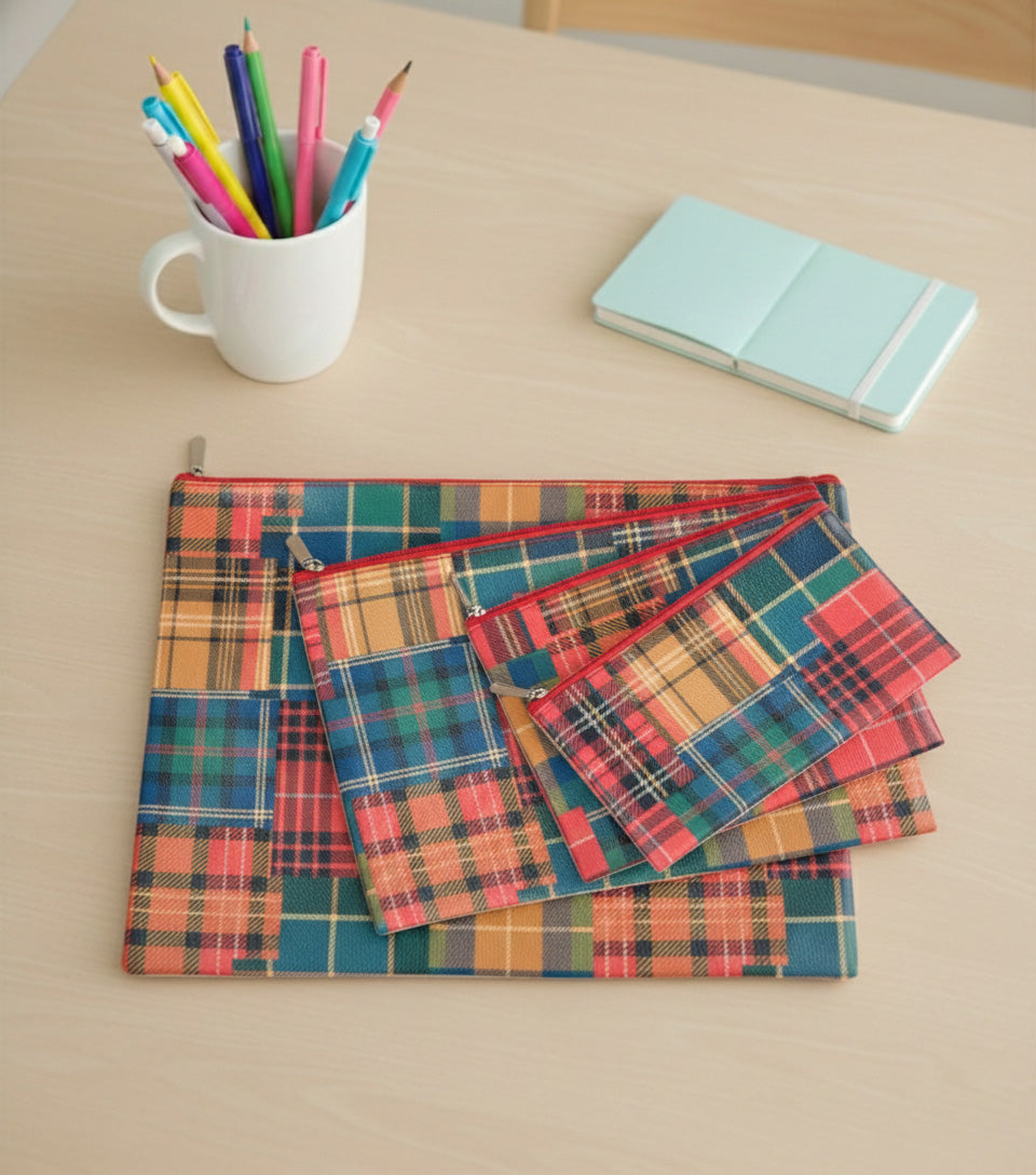 Premsons® Tartan Pattern Pouch | Classic Check Design, Durable Fabric, Zip Closure, Multipurpose Storage