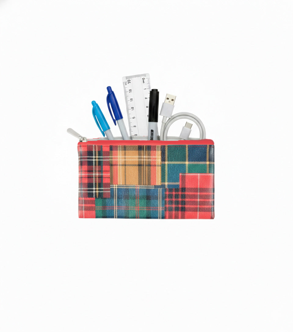 Premsons® Tartan Pattern Pouch | Classic Check Design, Durable Fabric, Zip Closure, Multipurpose Storage