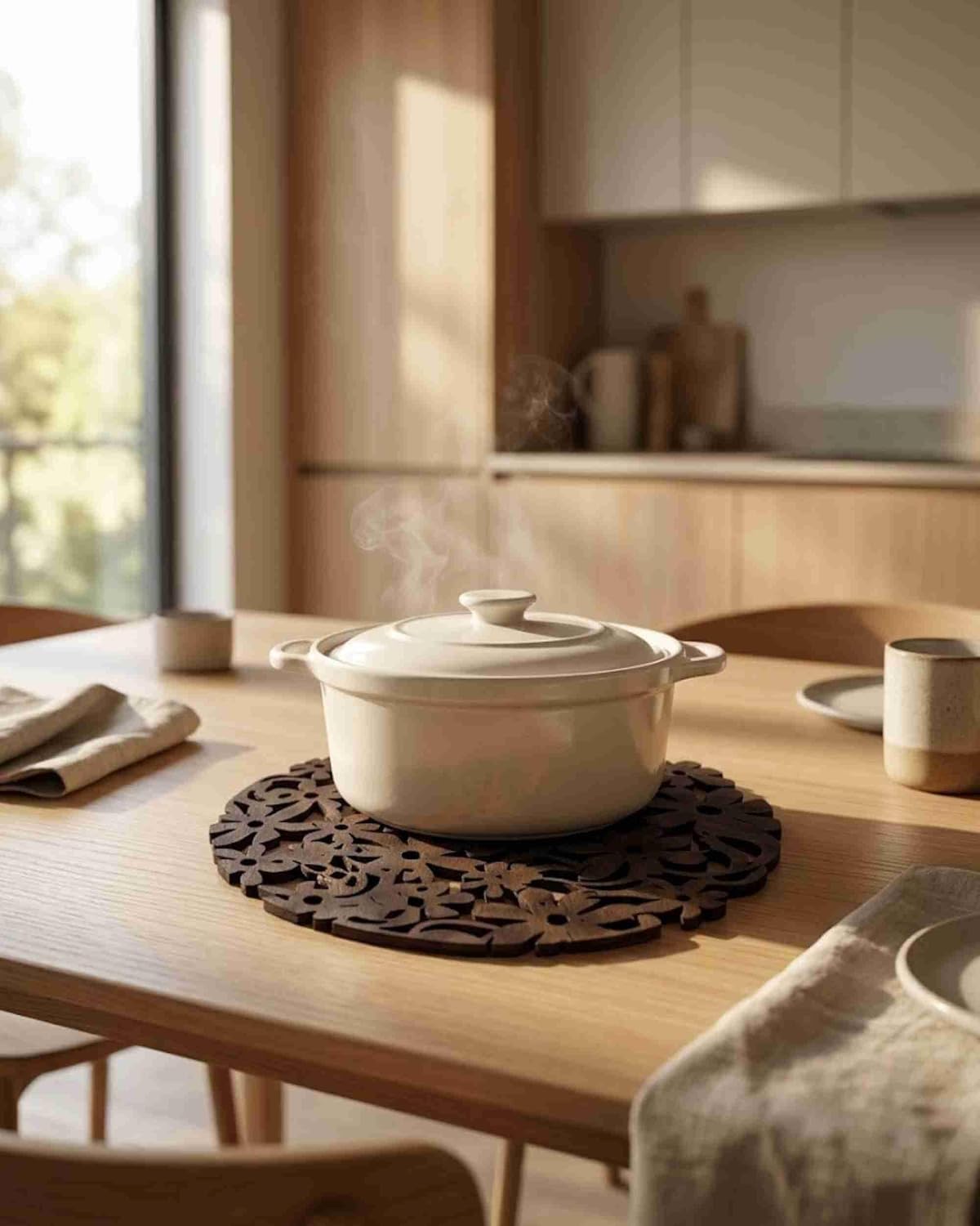 Premsons® Wooden Trivet Round Floral Cutwork Design 26 cm Dark Brown Heat Resistant Table Protector for Hot Pots, Pans & Serving Dishes(Pack of 2)