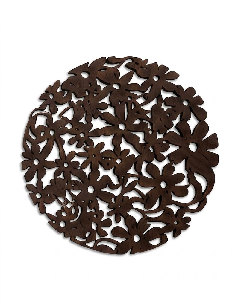 Premsons® Wooden Trivet Round Floral Cutwork Design 26 cm Dark Brown Heat Resistant Table Protector for Hot Pots, Pans & Serving Dishes(Pack of 2)