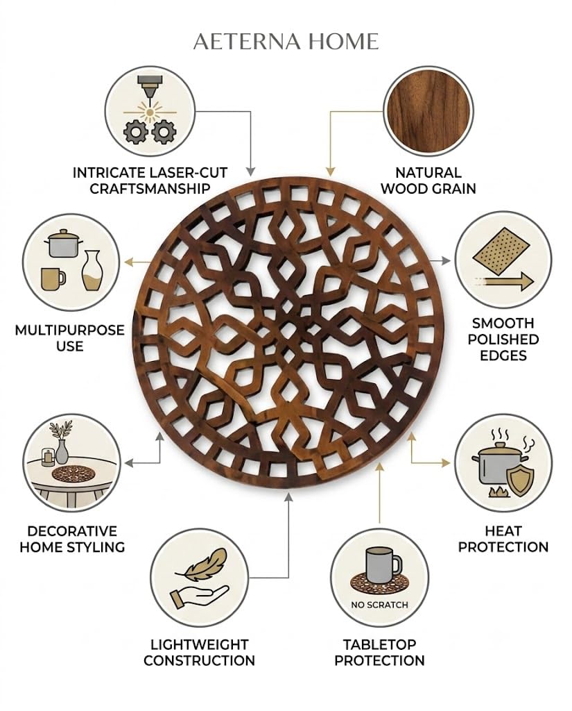 Premsons® Decorative Wooden Trivet | Round Laser-Cut Geometric Design | Heat Resistant Pot Holder for Hot Dishes & Cookware-Dark Brown (Pack of 2)