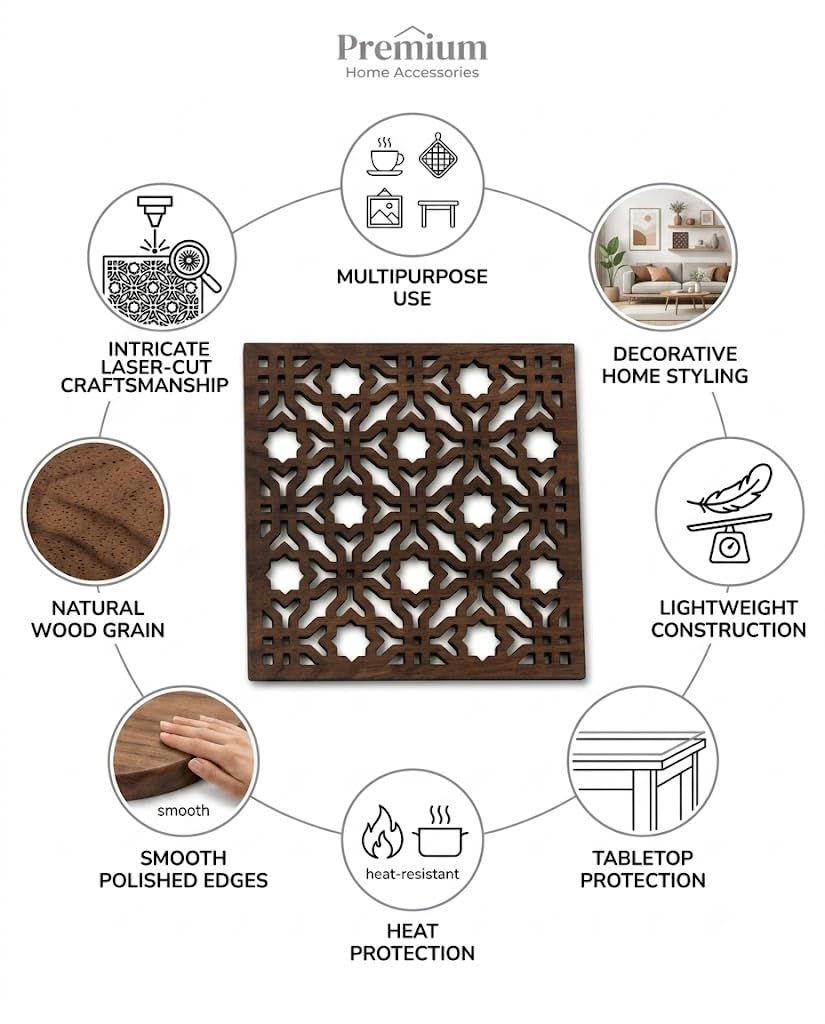 Premsons® Wooden Trivet Square Dark Brown | Decorative Laser Cut Heat Resistant Pot Holder for Hot Pots, Pans & Serving Dishes | Table & Countertop Protector(Pack of 2)