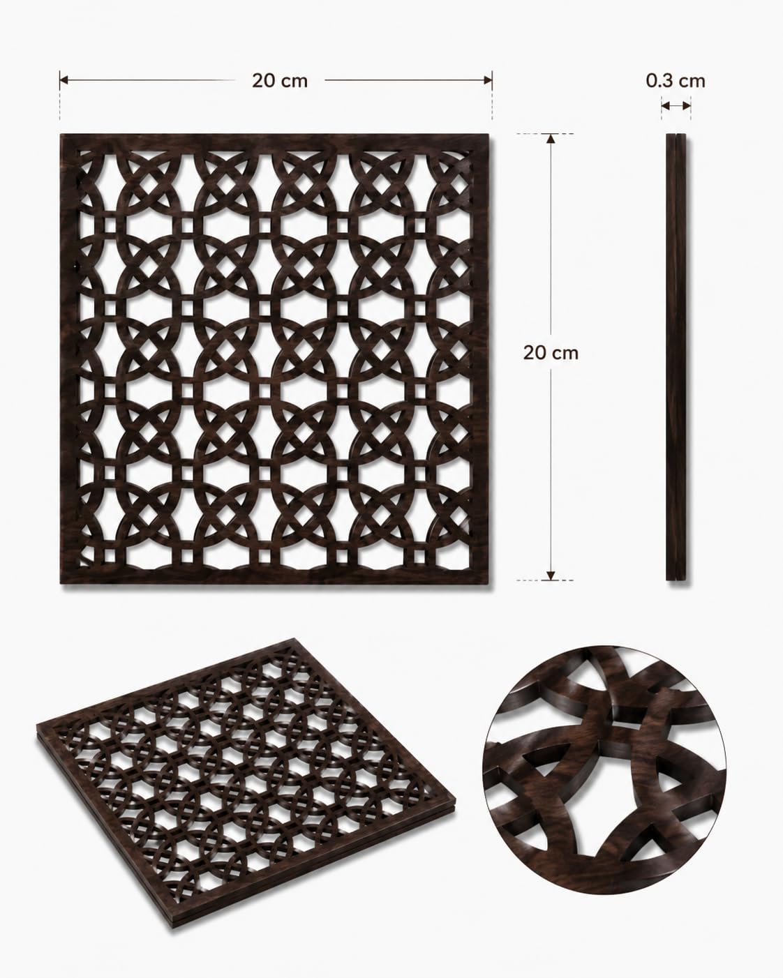 Premsons® Wooden Trivet Square Interlocking Geometric Cutwork Design Dark Brown Heat Resistant Table Protector for Hot Pots, Pans & Serving Dishes(Pack of 2)