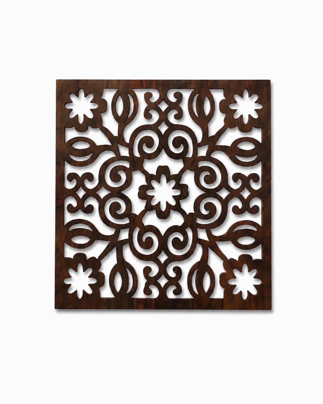 Premsons® Wooden Trivet Square Floral Scroll Cutwork Design Dark Brown Heat Resistant Table Protector for Hot Pots, Pans & Serving Dishes(Pack of 2)