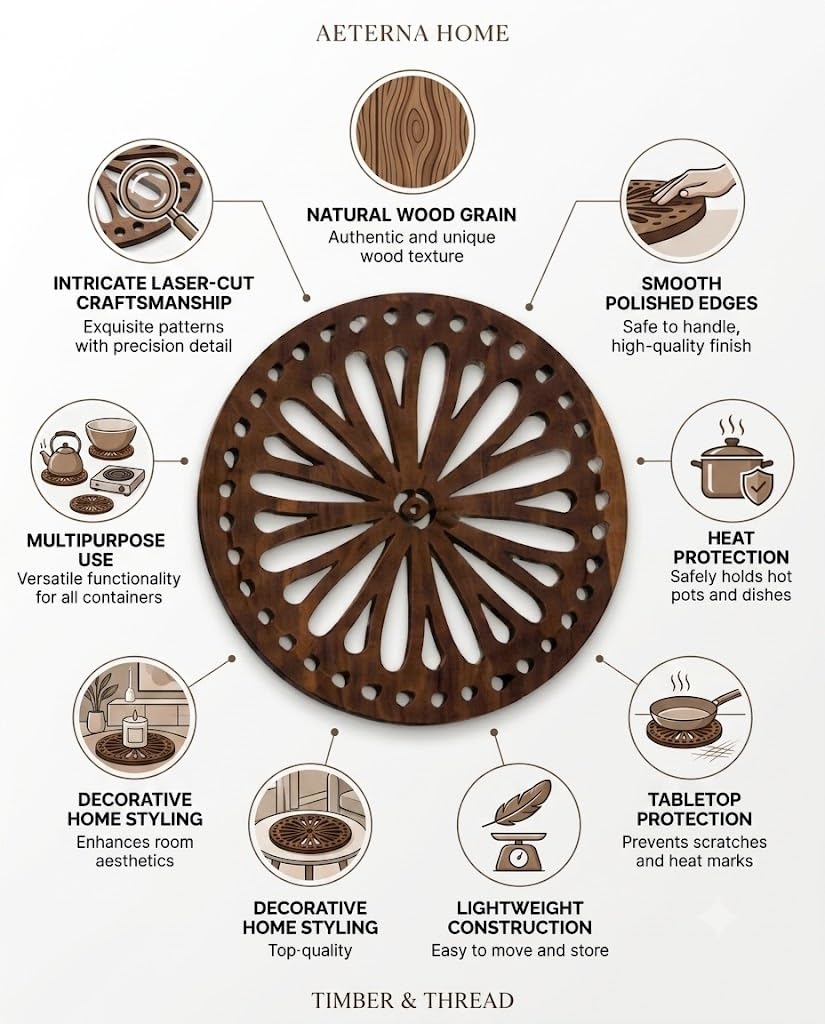 Premsons® Sunflower Inspired Wooden Trivet | Light Brown Round Decorative Pot Holder | Heat Resistant Wooden Table Mat for Kitchen & Dining (Pack of 2)