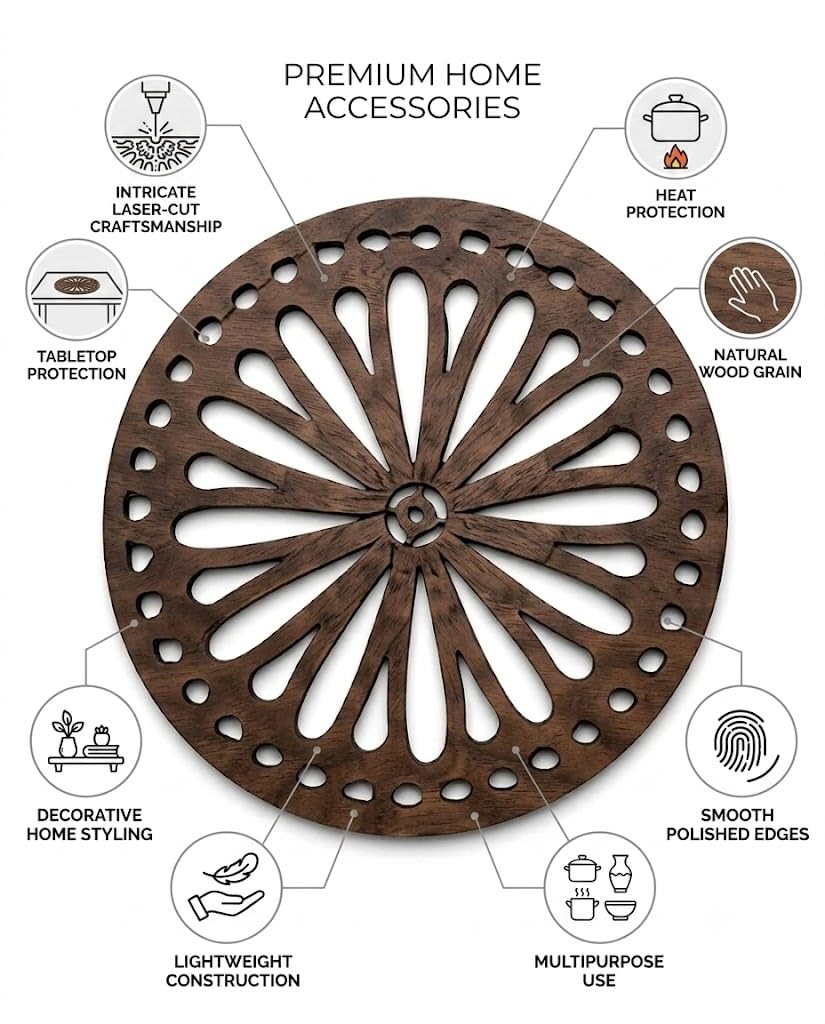 Premsons® Sunflower Inspired Wooden Trivet | Dark Brown Round Decorative Pot Holder | Heat Resistant Wooden Table Mat for Kitchen & Dining