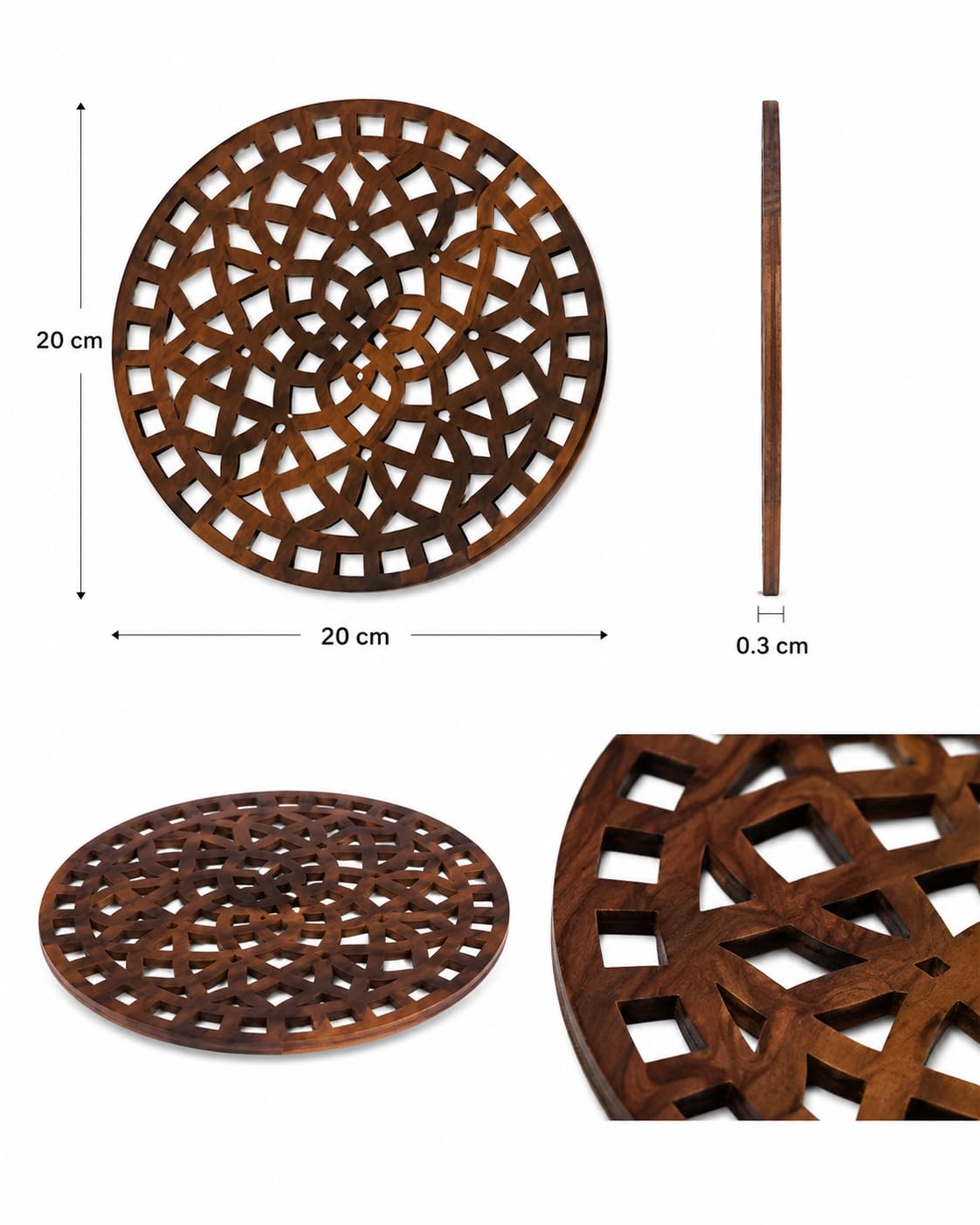 Premsons® Interlocking Floral Lattice Design Wooden Trivet | Light Brown Round Heat Resistant Pot Stand | Decorative Wooden Table Protector for Hot Pots, Pans & Serving Dishes(Pack of 2)