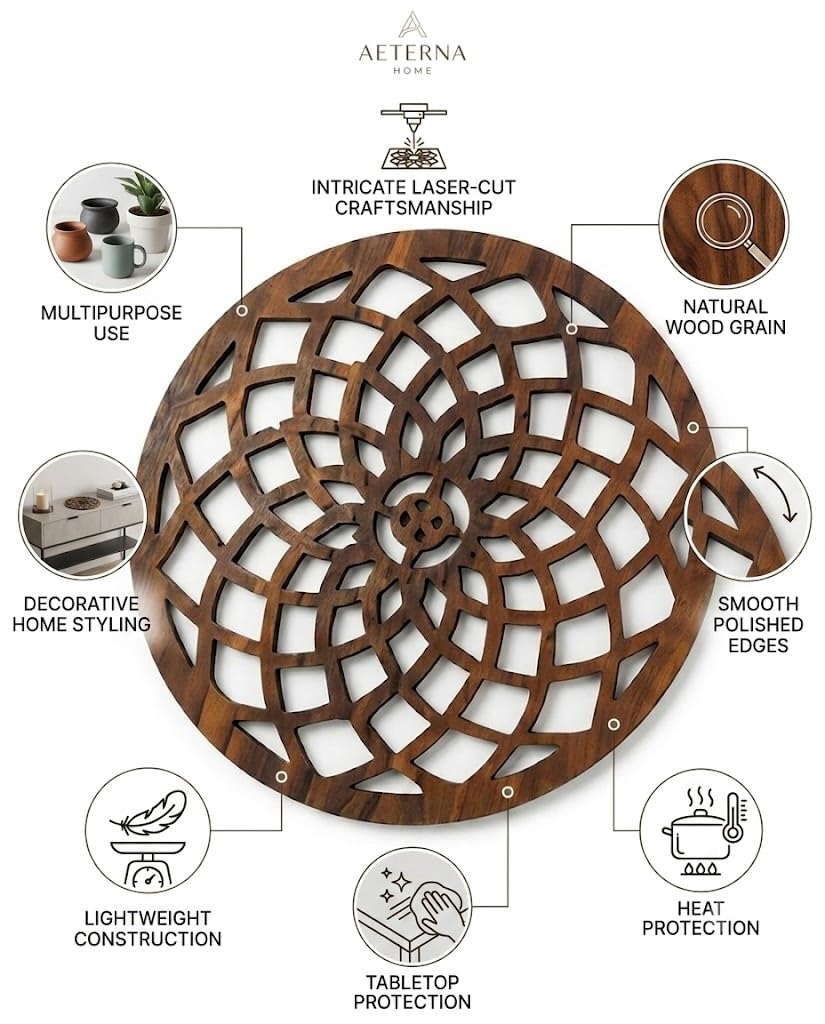 Premsons® Light Brown Wooden Floral Spiral Trivet – Round Heat Resistant Wooden Pot Stand | Decorative Table Protector for Hot Pots, Pans & Serving Dishes(Pack of 2)