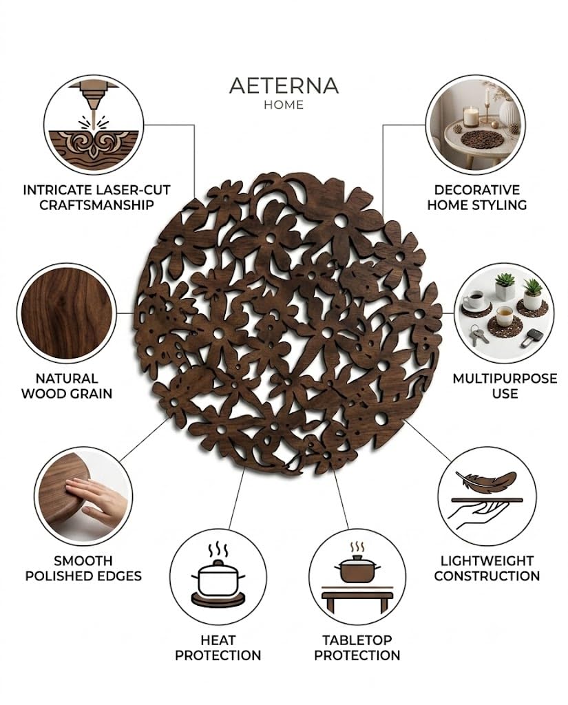 Premsons® Dark Brown Wooden Floral Trivet – Round Heat Resistant Wooden Pot Stand | Decorative Table Protector for Hot Pots, Pans & Serving Dishes