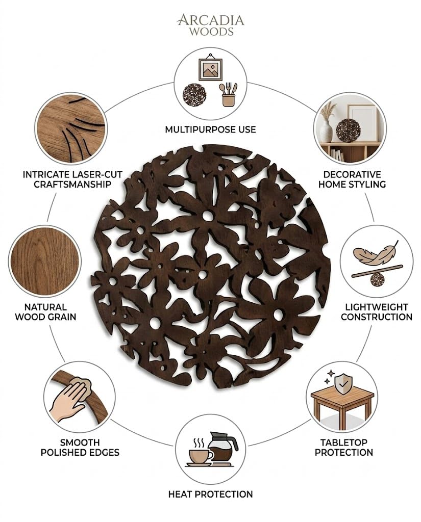 Premsons® Wooden Trivet Round Floral Cutwork Design 26 cm Dark Brown Heat Resistant Table Protector for Hot Pots, Pans & Serving Dishes(Pack of 2)