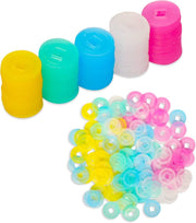Stacked and scattered round translucent mahjong scoring chips in bright colors