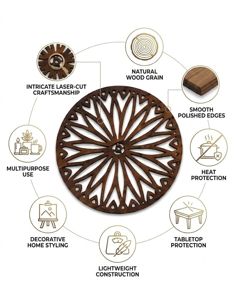 Premsons® Daisy Bloom Design Wooden Trivet | Dark Brown Round Decorative Heat Resistant Pot Stand | Wooden Table Protector