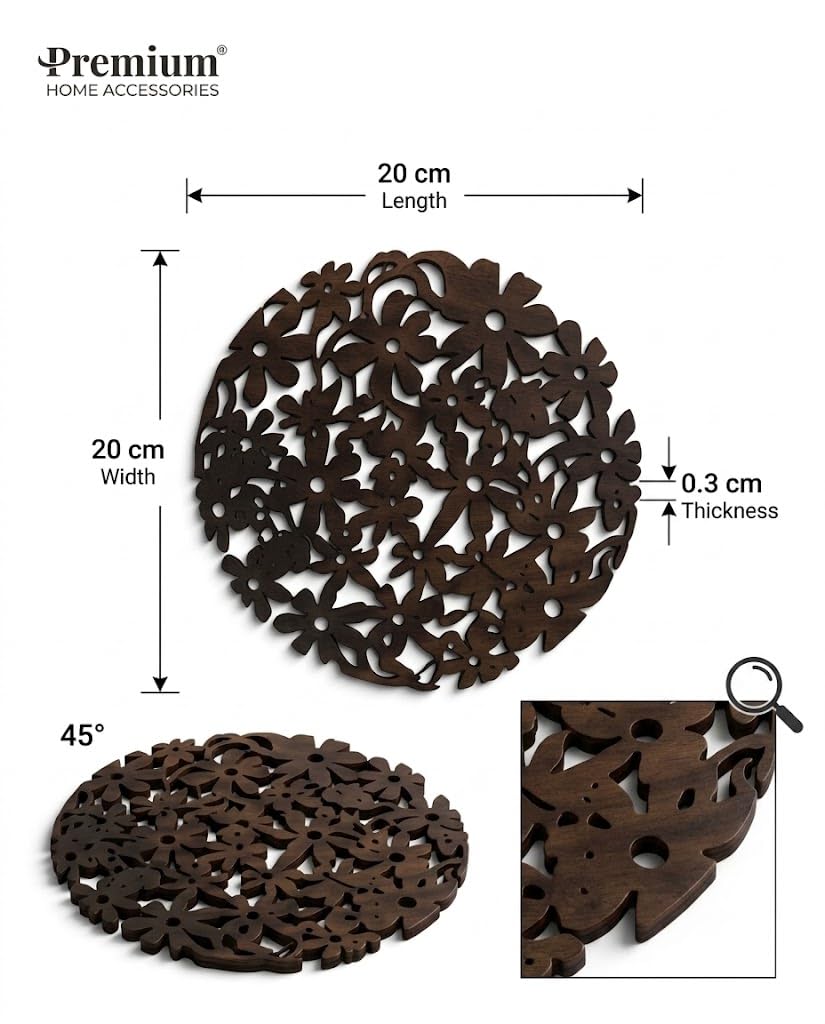 Premsons® Dark Brown Wooden Floral Trivet – Round Heat Resistant Wooden Pot Stand | Decorative Table Protector for Hot Pots, Pans & Serving Dishes