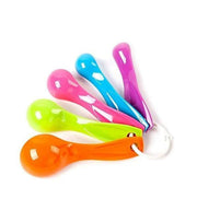Rainbow 5-piece measuring spoons set with colorful bowls and white hanging loop