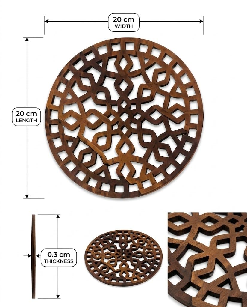 Premsons® Decorative Wooden Trivet | Round Laser-Cut Geometric Design | Heat Resistant Pot Holder for Hot Dishes & Cookware-Dark Brown (Pack of 2)