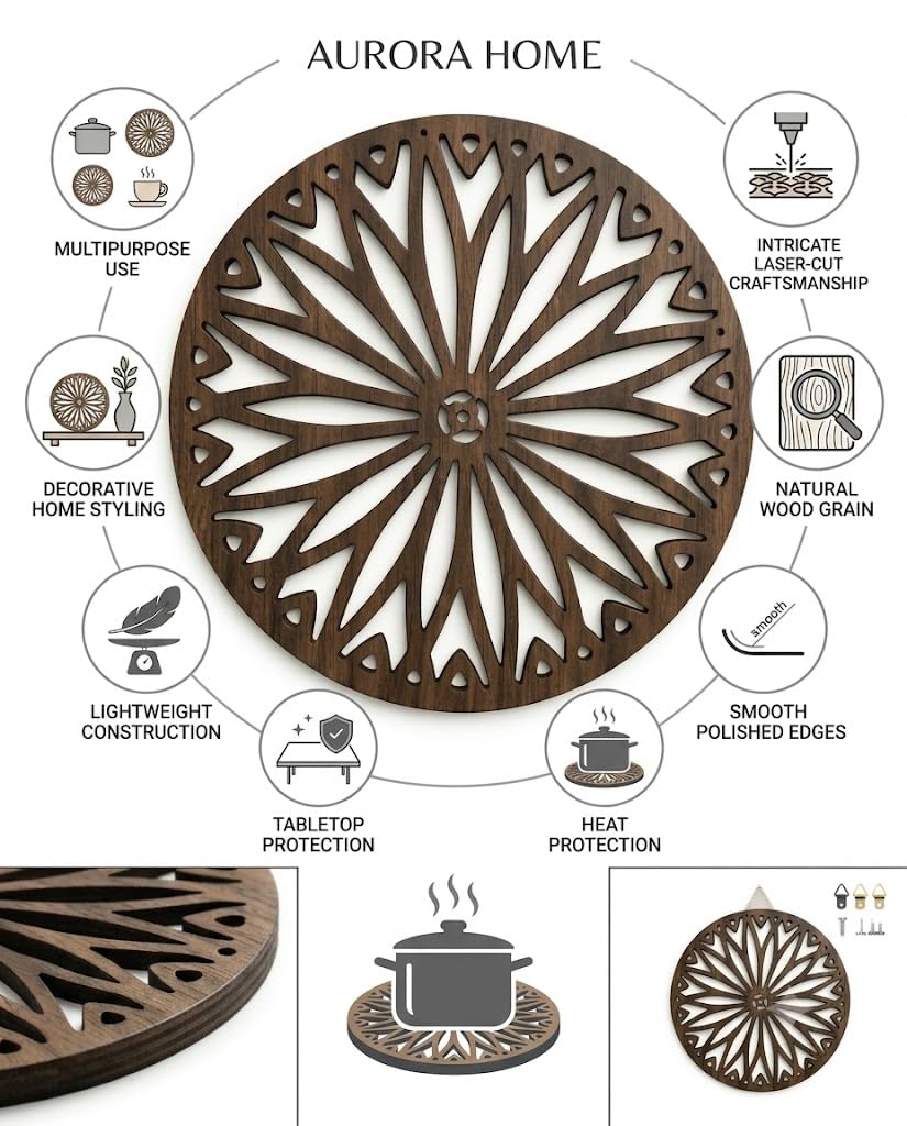 Premsons® Premsons Daisy Bloom Design Wooden Trivet | Light Brown Round Decorative Heat Resistant Pot Stand | Wooden Table Protector(Pack of 2)