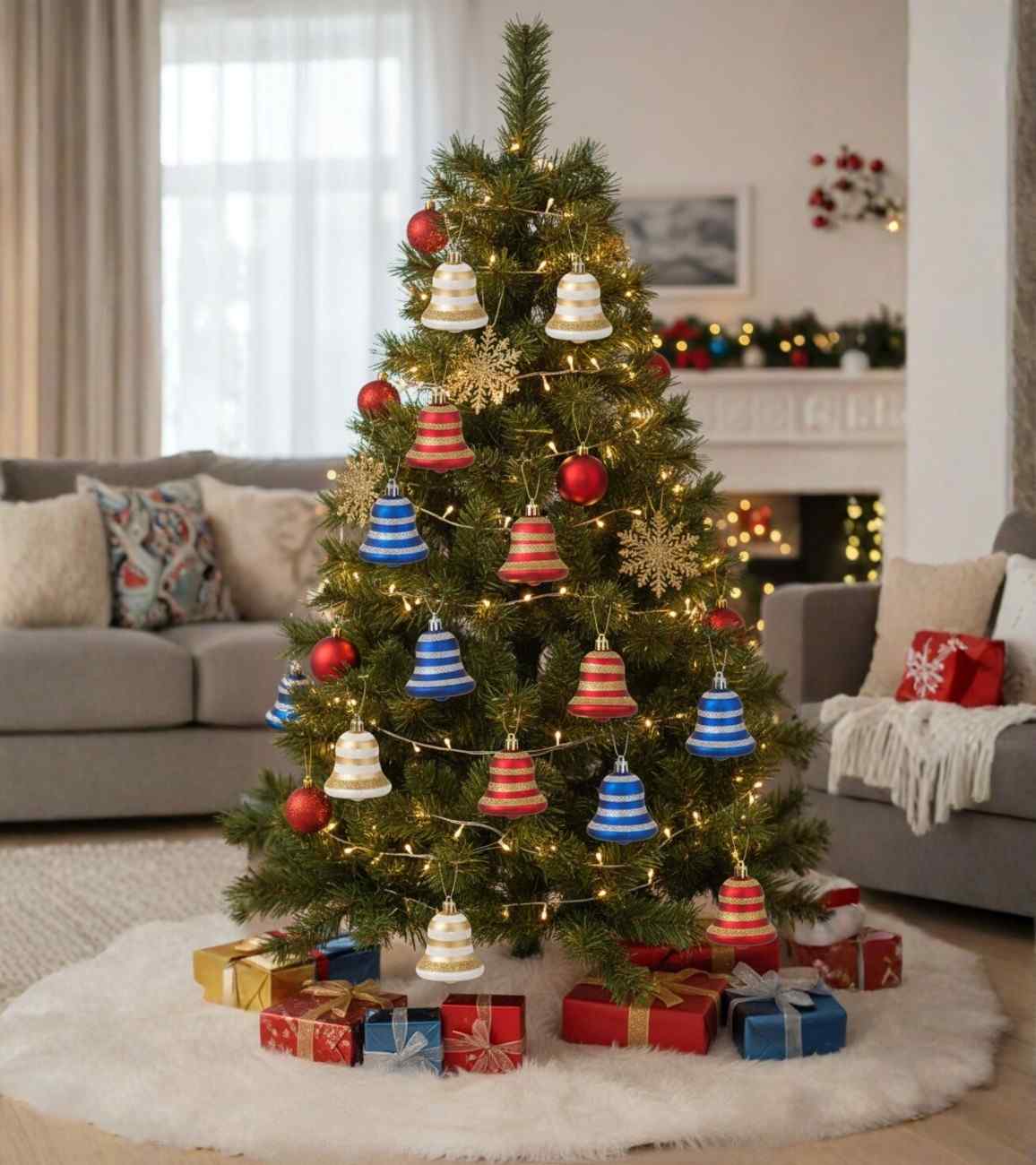 Premsons® Christmas Bell Ornaments – Glitter Hanging Decorations - Pack of 6