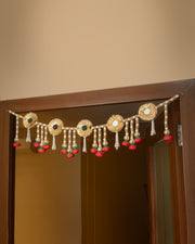 Premsons® Red & Golden Flower Toran with Pearls – Decorative Door Hanging for Diwali, Pooja, Festivals & Home Celebration