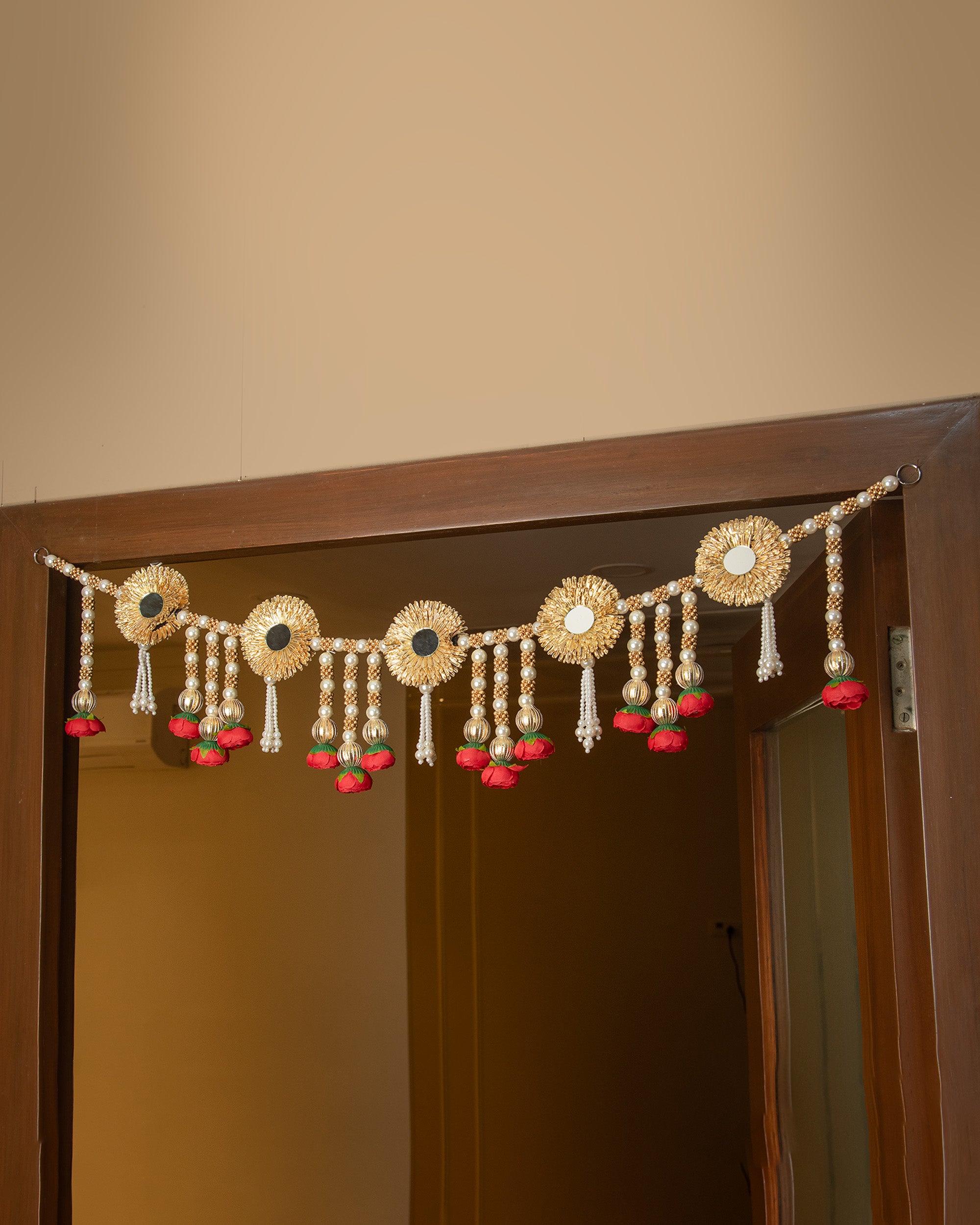 Premsons® Red & Golden Flower Toran with Pearls – Decorative Door Hanging for Diwali, Pooja, Festivals & Home Celebration