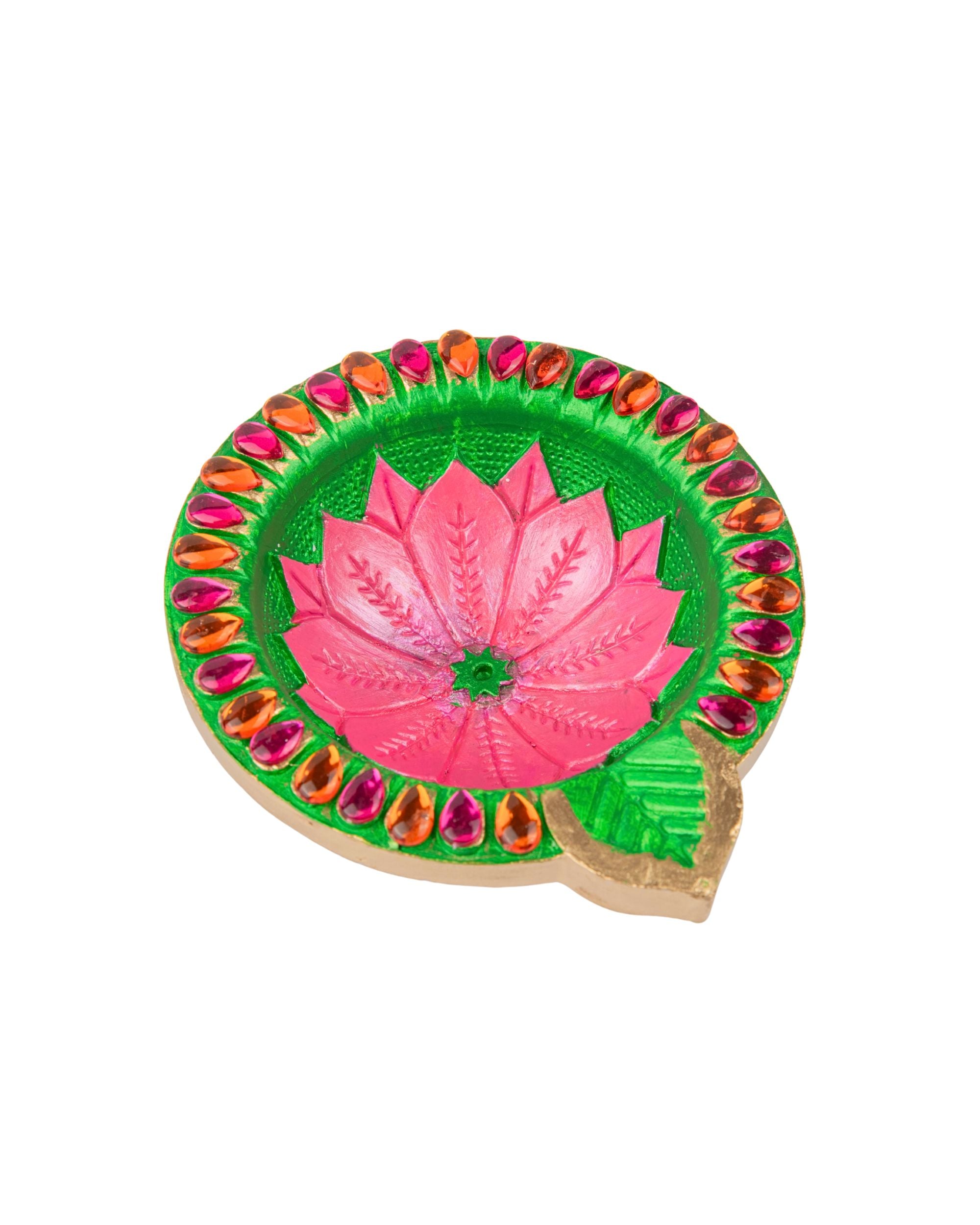 Premsons® Decorative Green Diya with Pink Floral Design | Handcrafted Wax Candle for Diwali, Puja & Home Décor