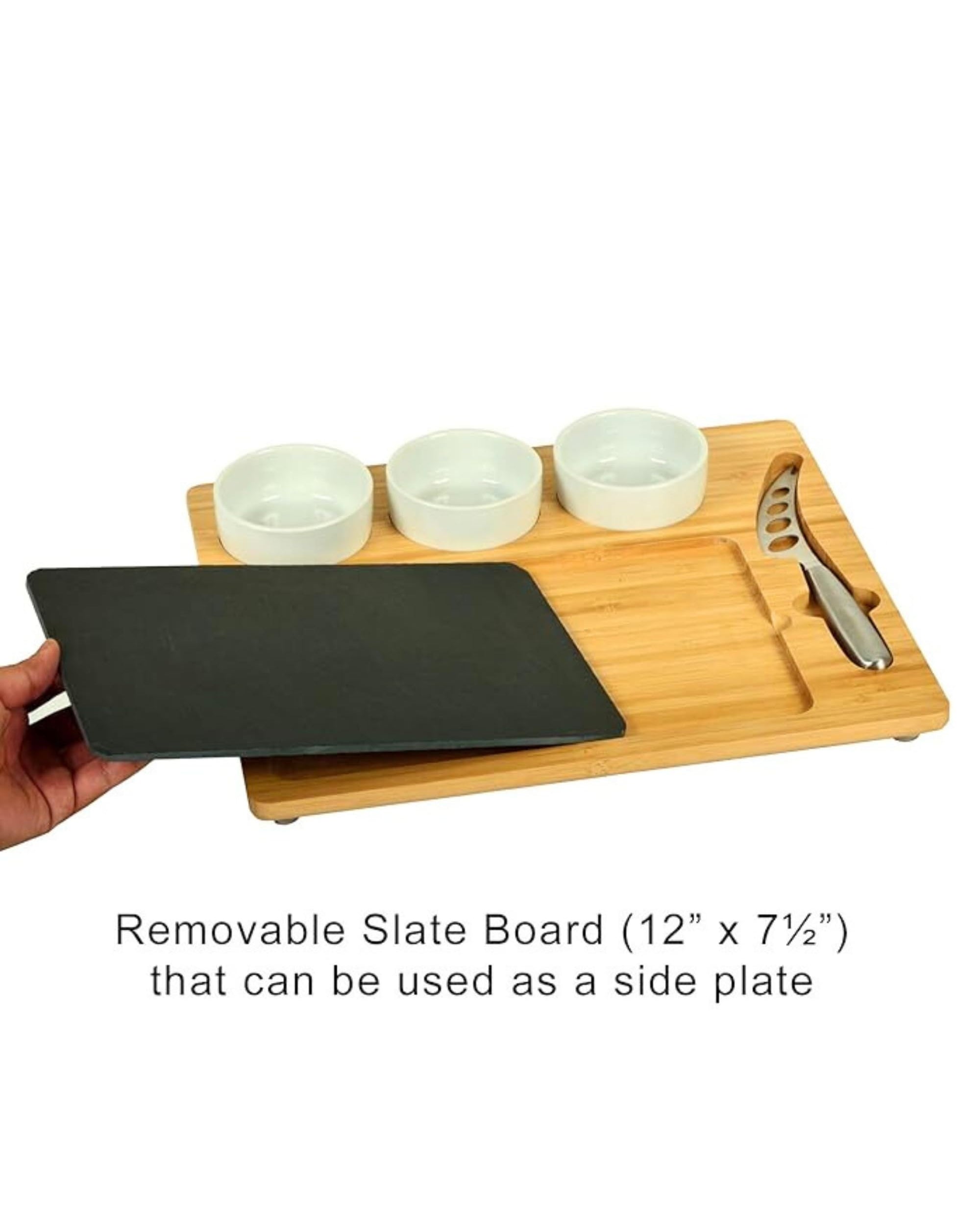 Premsons® Bamboo Cheese Board & Knife Set - Includes 1 Knife + Ceramic Bowls - Rectangle Serving Tray for Snacks Appetizers Cheese Fruits Crackers - Ideal for Home Party Dinner Special Occasions