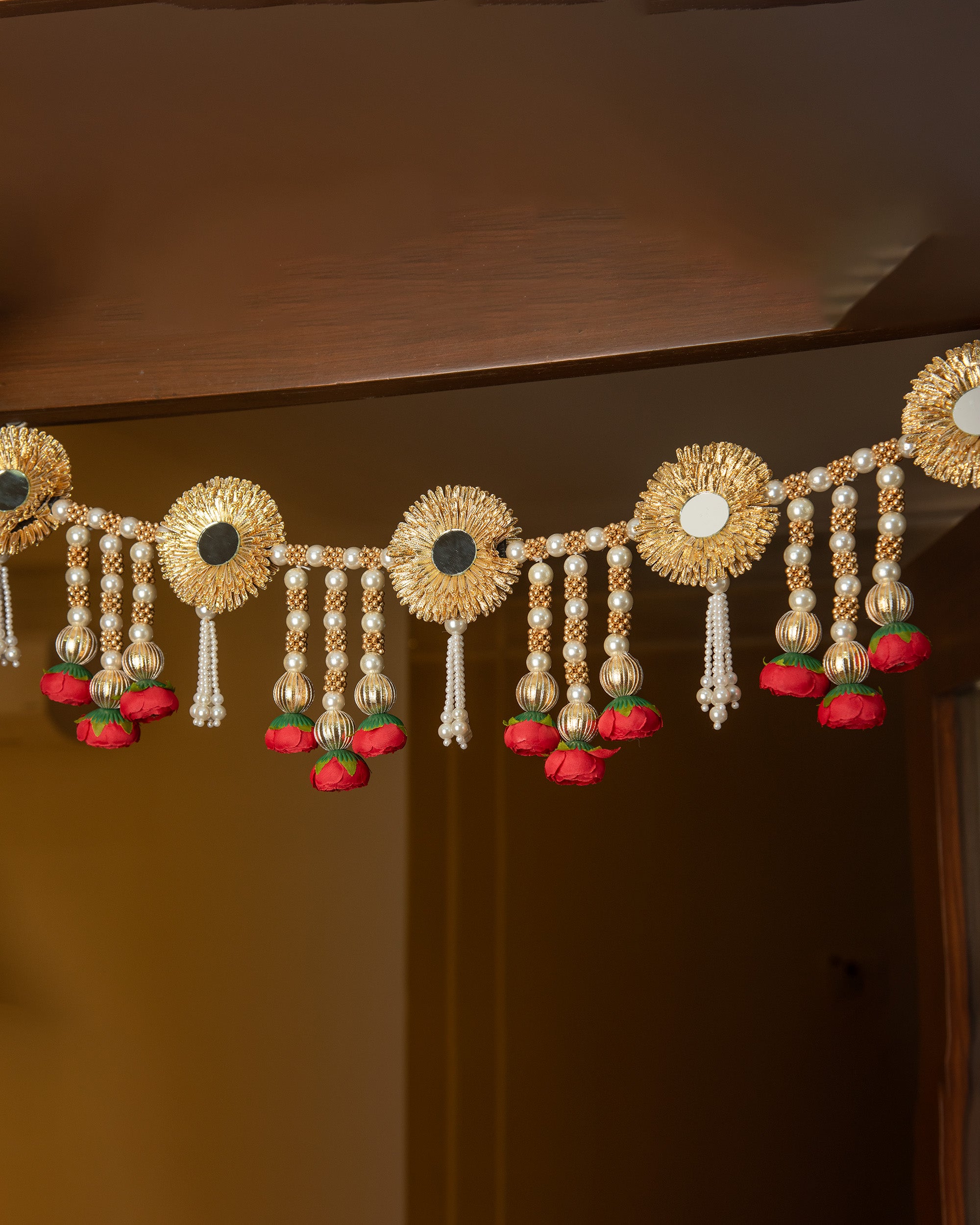 Premsons® Red & Golden Flower Toran with Pearls – Decorative Door Hanging for Diwali, Pooja, Festivals & Home Celebration