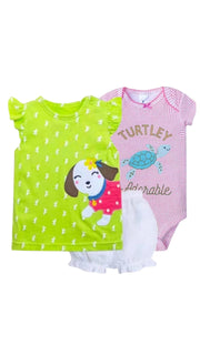 Premsons® Baby Girls' 3-Piece Summer Outfit Set – Green Puppy Top, Turtley Adorable Pink Bodysuit & White Ruffle Shorts | Soft Cotton Clothing